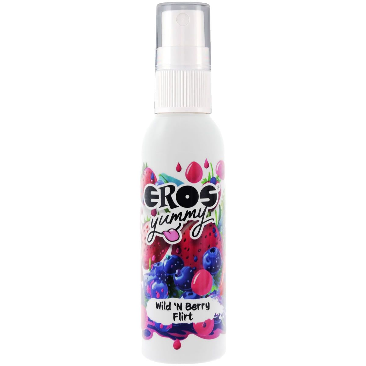Weiße Flasche mit Sprühkopf. Aufdruck mit Beeren und Schriftzug EROS yummy. Untertitel: Wild 'N Berry Flirt.