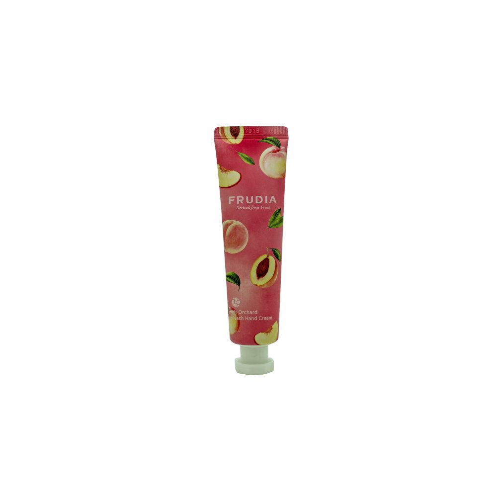 Handcreme-Tube mit Pfirsich-Motiv. Aufschrift: FRUDIA. Produktname: My Orchard Peach Hand Cream. Rosa Tube mit weißem Verschluss.