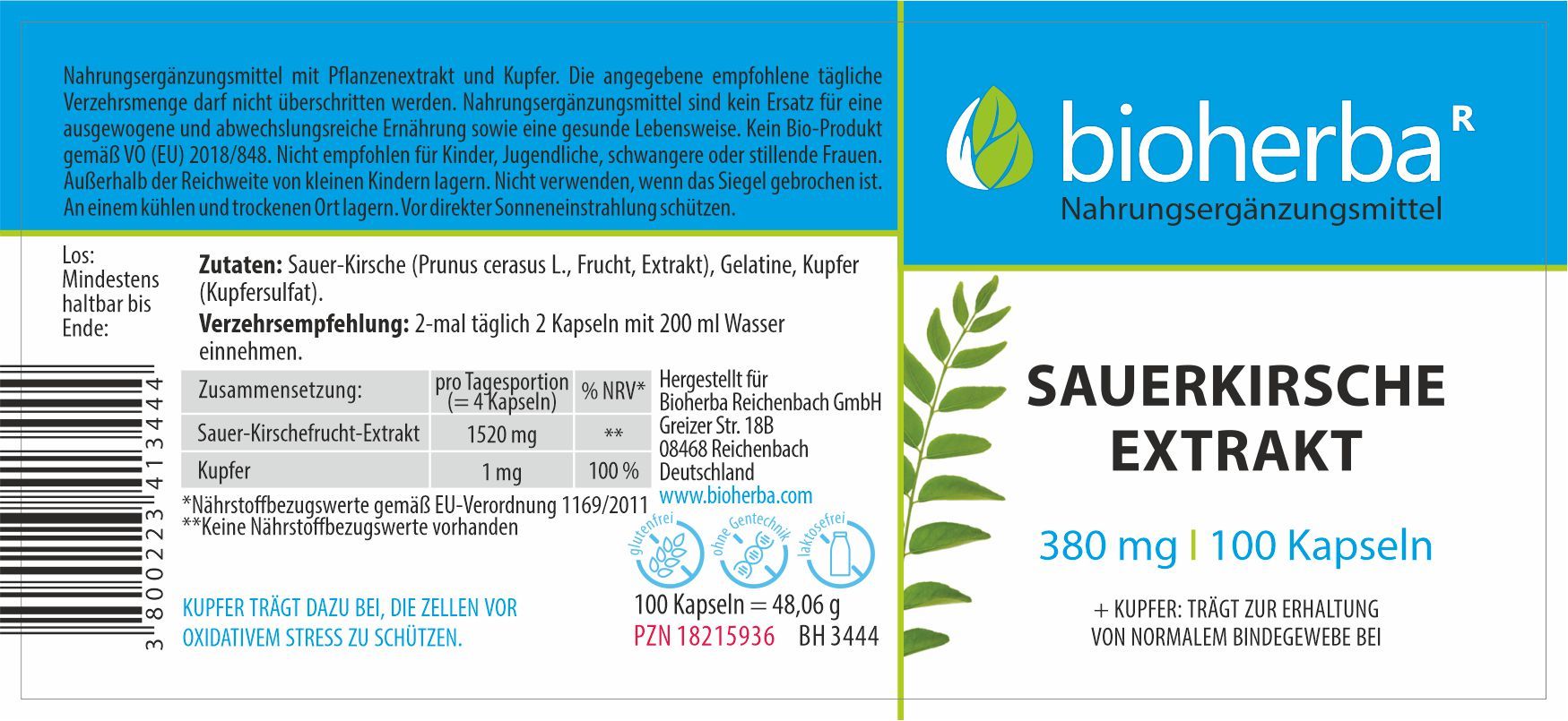 Etikett mit "bioherba" Logo und "Sauerkirsche Extrakt". Enthält 100 Kapseln. Text mit Inhaltsstoffen und Verzehrempfehlung.