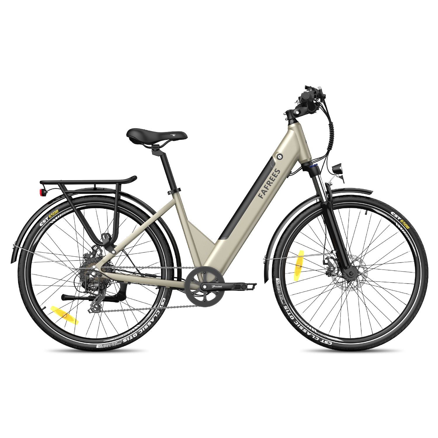 Fafrees F28 Pro E-Bike, beige, schwarze Details. Gepäckträger, Schutzbleche, CST-Reifen. Sichtbare Marke.