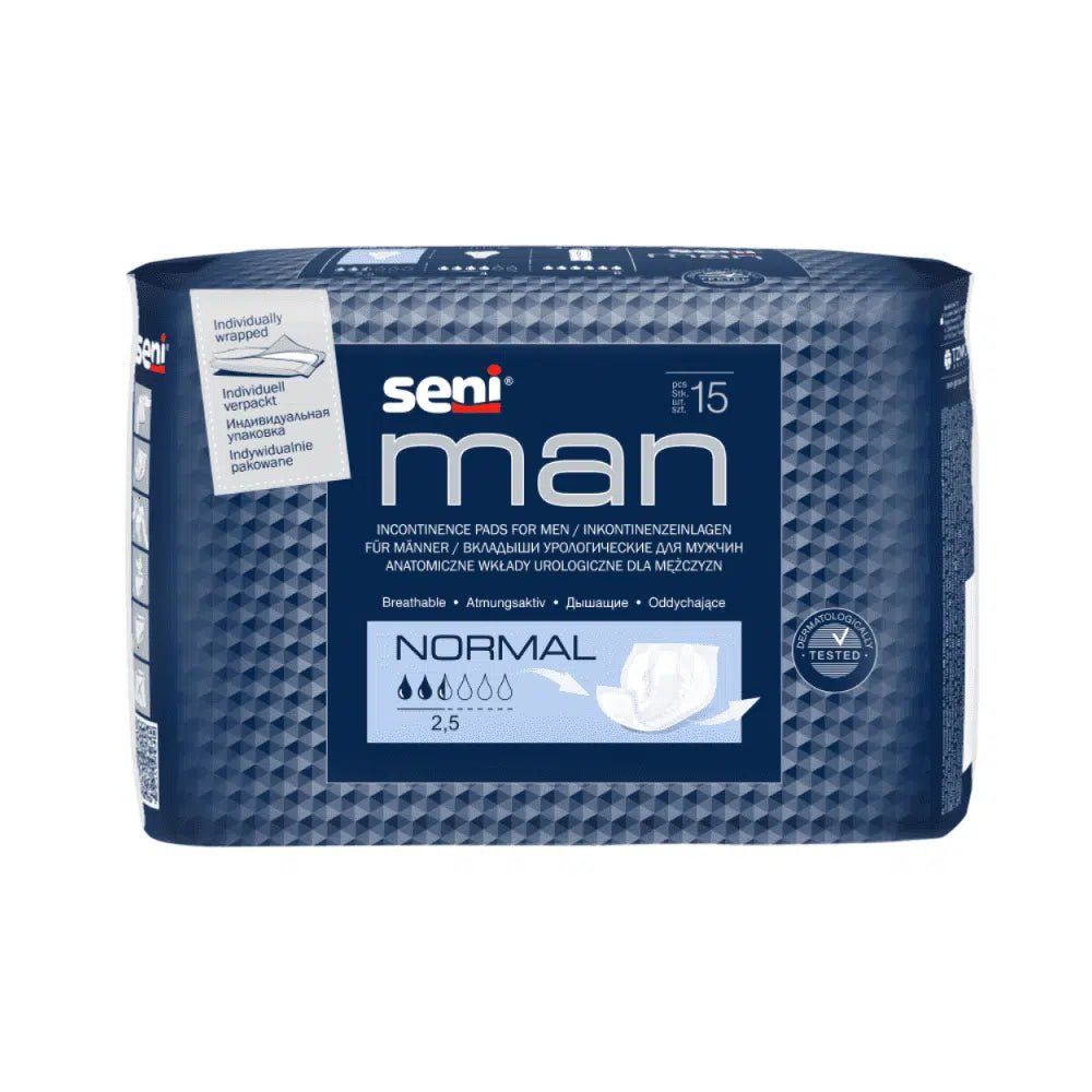 Seni Man Normal A15 Inkontinenz-Einlagen für Männer, 15 Stück. Anatomisch geformt, atmungsaktiv.