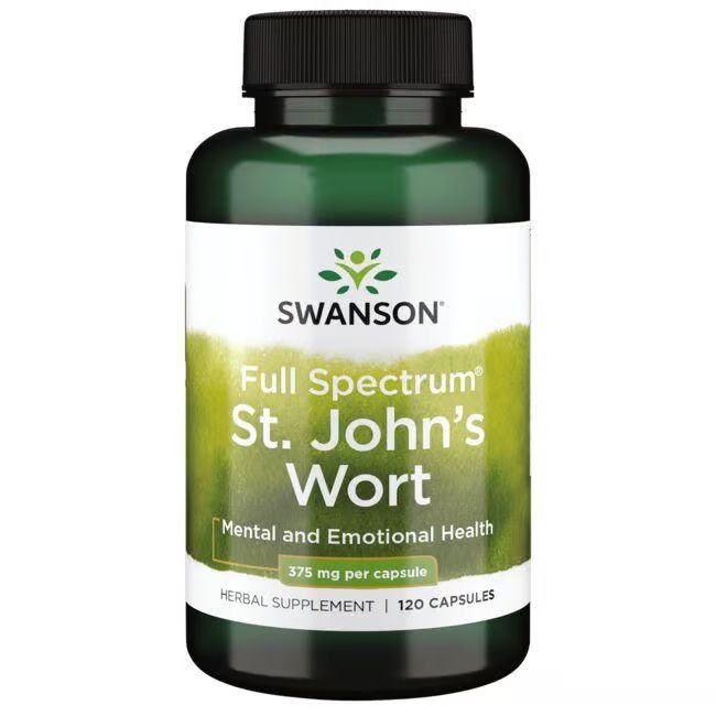 Grüne Flasche mit weißem Etikett. Aufschrift: SWANSON, St. John's Wort, 375 mg pro Kapsel, 120 Kapseln.