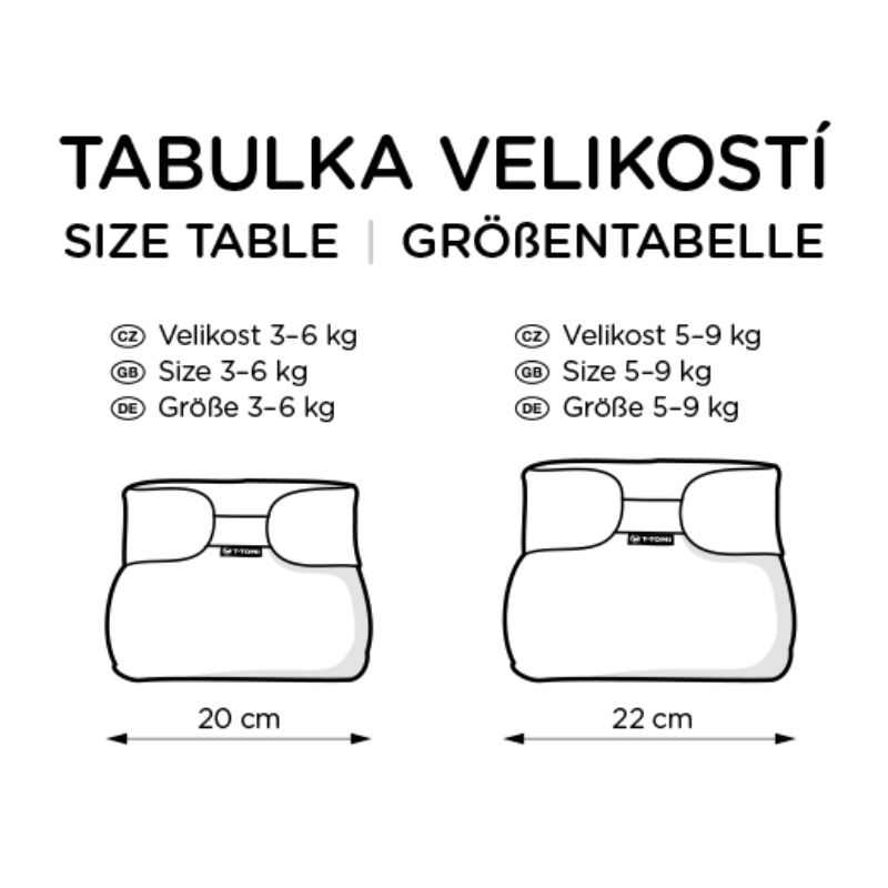 Größentabelle für T-TOMI Spreizhöschen: 20 cm (3-6 kg) und 22 cm (5-9 kg).