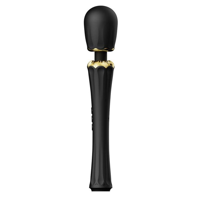 Schwarzer Stabvibrator mit geriffeltem Griff und goldener Halskrause.