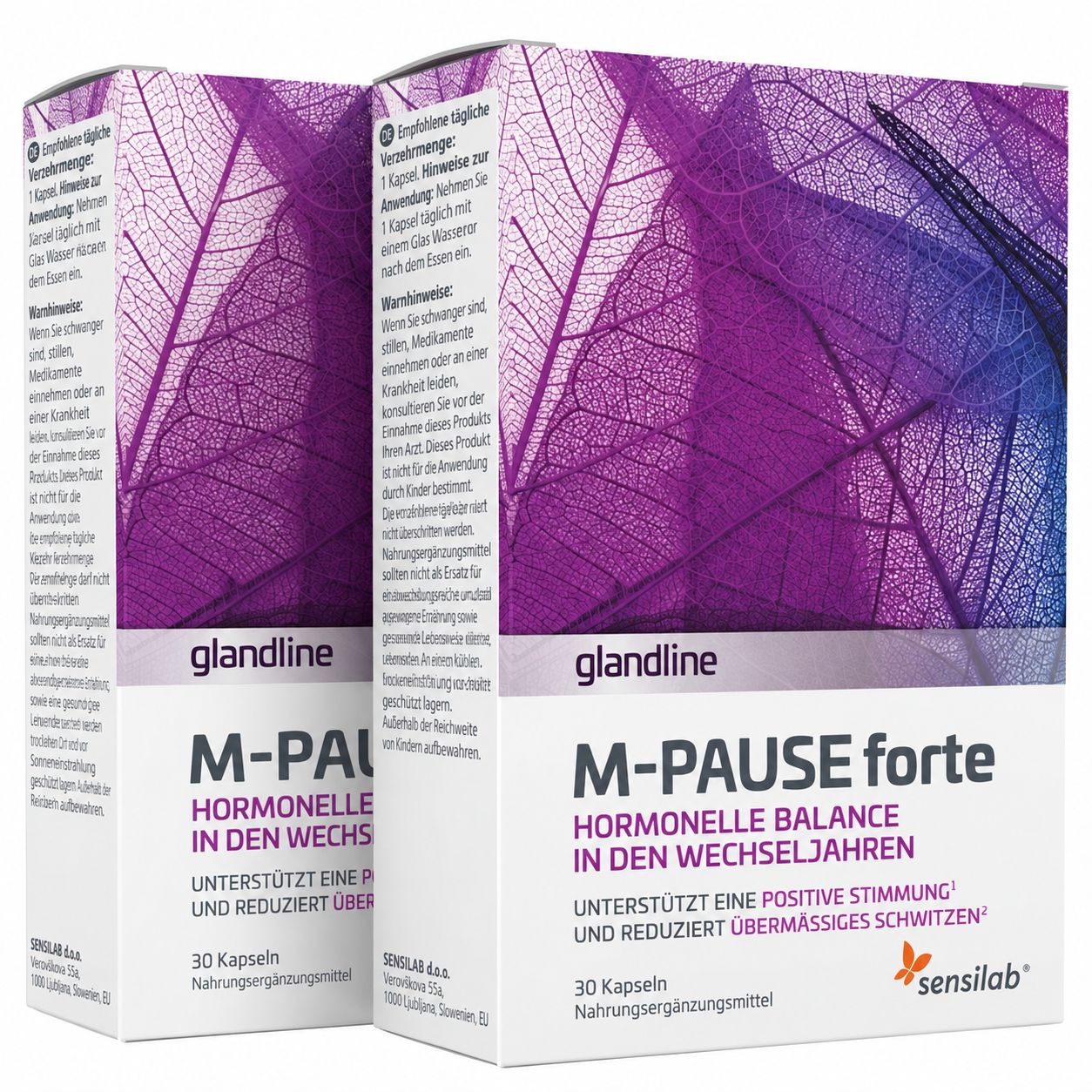 Zwei Packungen Glandline M-Pause forte Kapseln für hormonelle Balance.