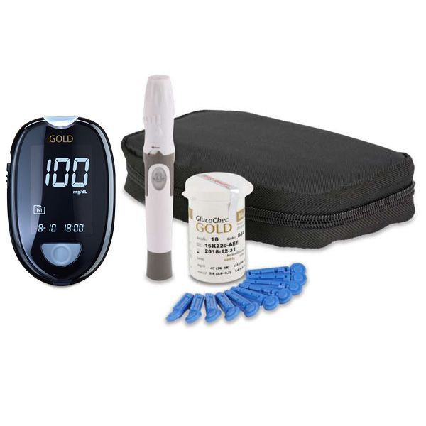 GlucoCheck GOLD Set (mmol/L) zur Kontrolle des Blutzuckers mit 110 Teststreifen