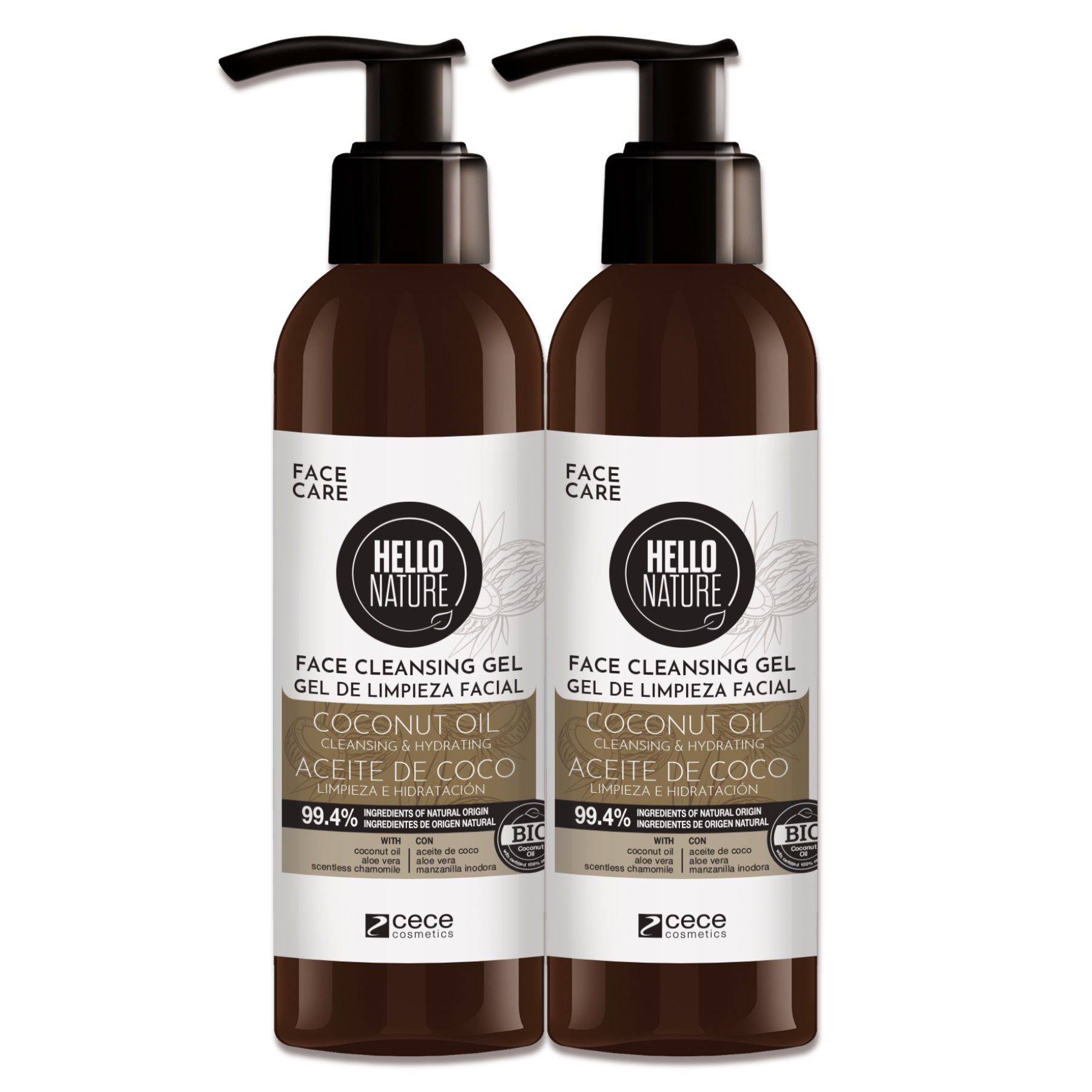 Zwei Gesichtsreinigungsgel-Flaschen mit Kokosöl. Braune Flaschen mit Pumpe. Logo Hello Nature. Verpackung.
