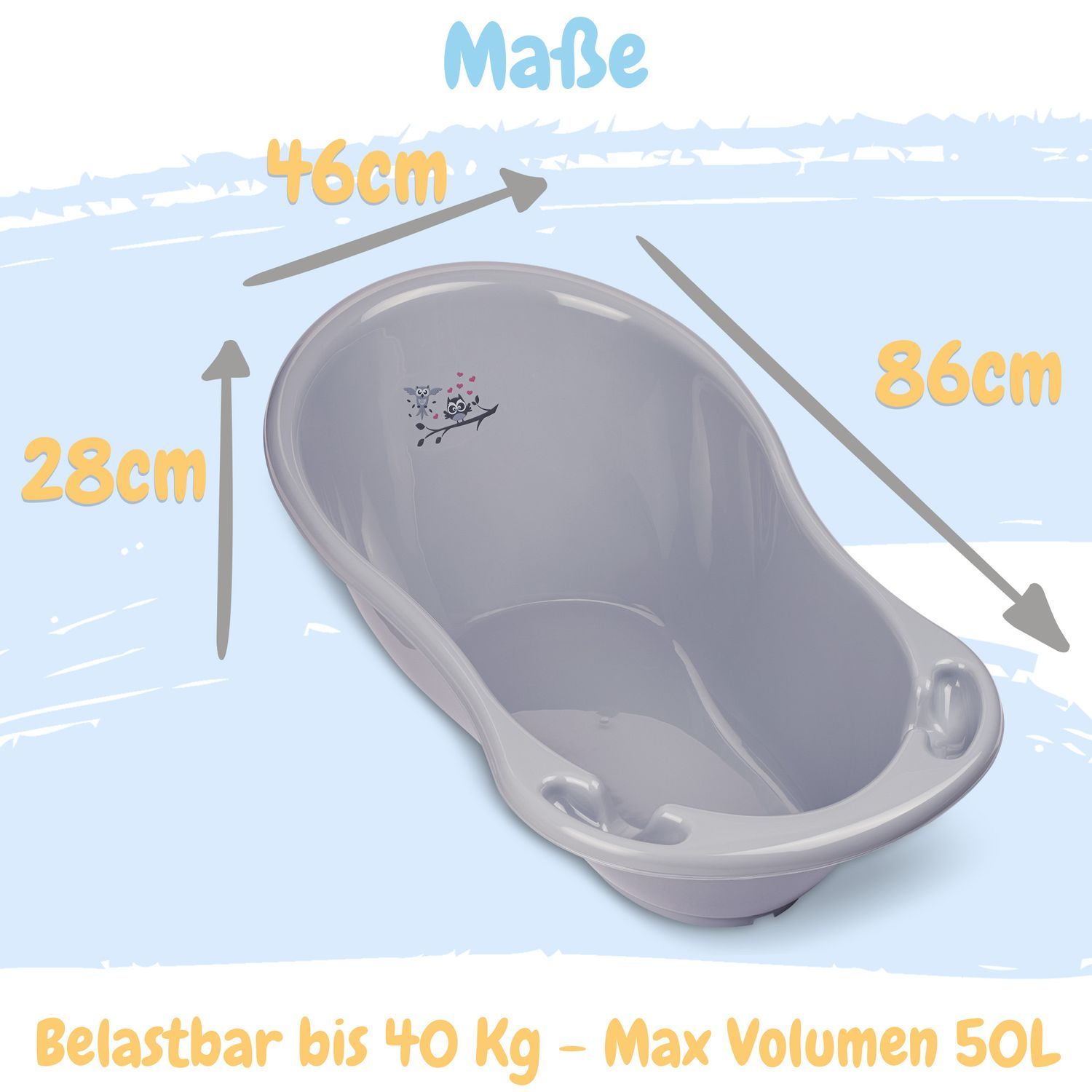Graue Babybadewanne. Maße: 86cm lang, 46cm breit, 28cm hoch. Belastbar bis 40 Kg - Max Volumen 50L.