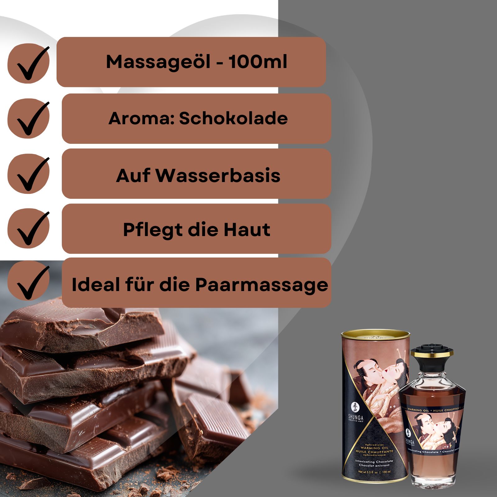 Massageöl mit Aroma Schokolade. Produkt neben Schokoladenstücken. Text: Massageöl, Aroma: Schokolade, Auf Wasserbasis, Pflegt die Haut.