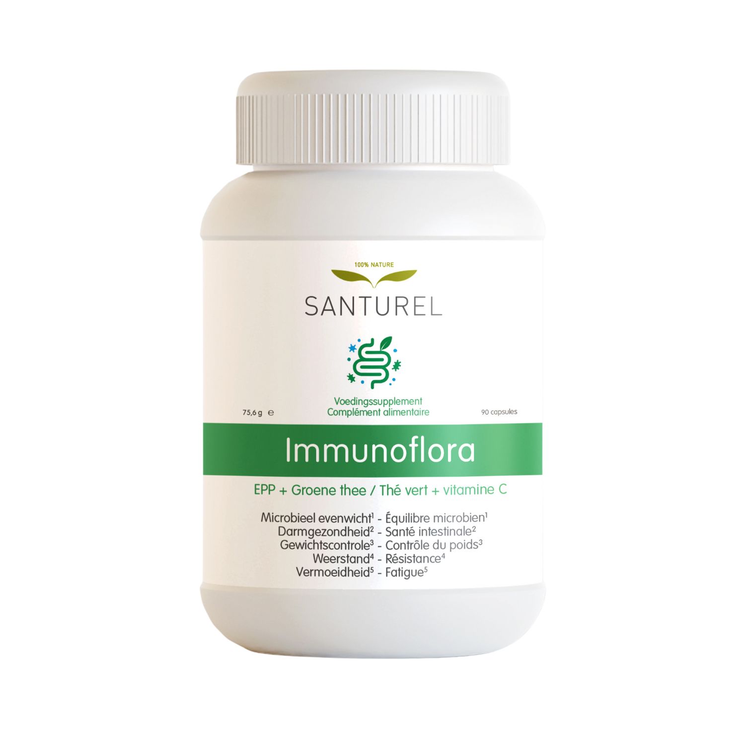 Weiße Flasche mit Santurel Immunoflora. Grün-weiße Etikettierung. Text: Immunoflora, EPP + Grüntee + Vitamin C.
