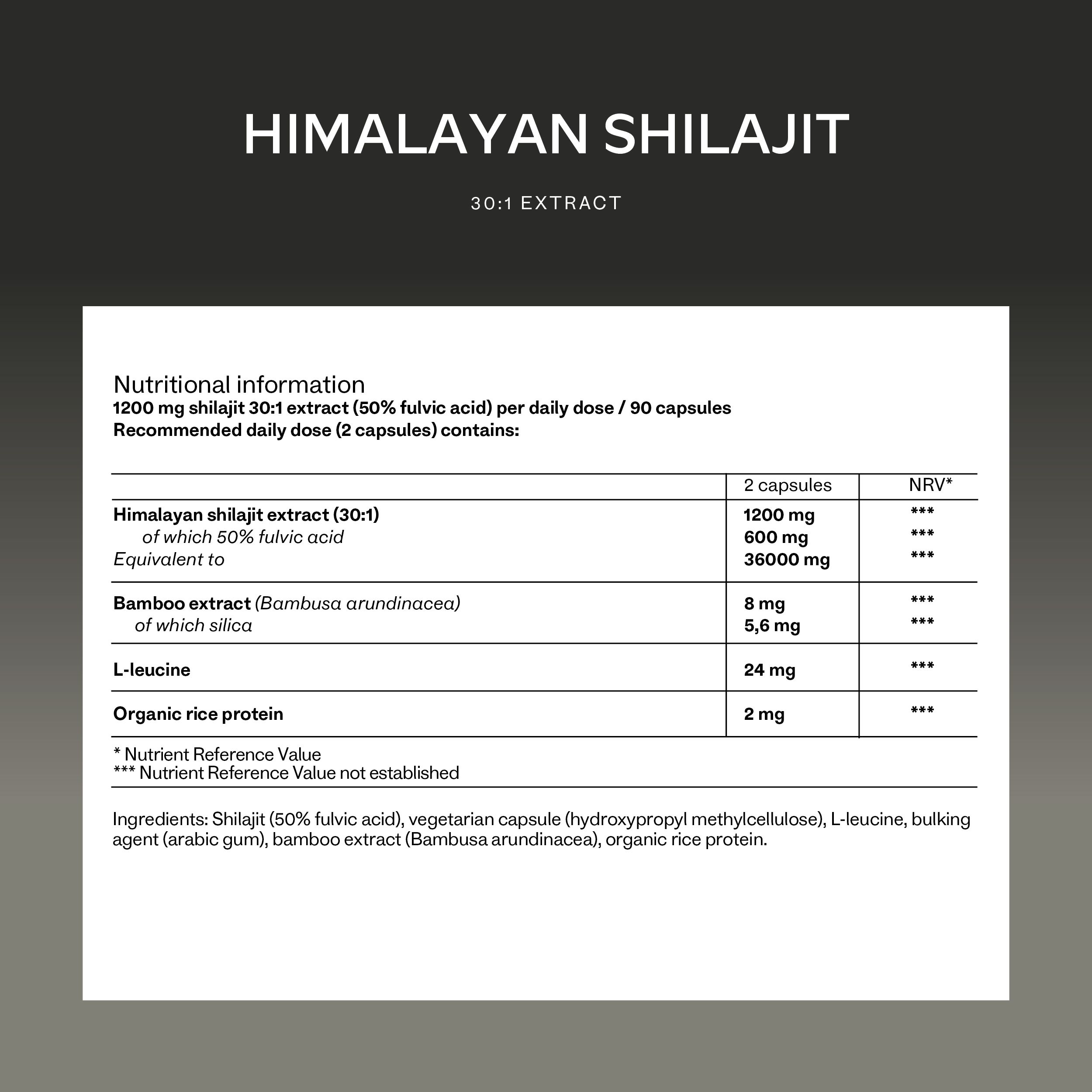 Tabelle mit Nährwertangaben für Himalaya Shilajit Extrakt, Bambus Extrakt und L-Leucin. Empfohlene Tagesdosis: 2 Kapseln.