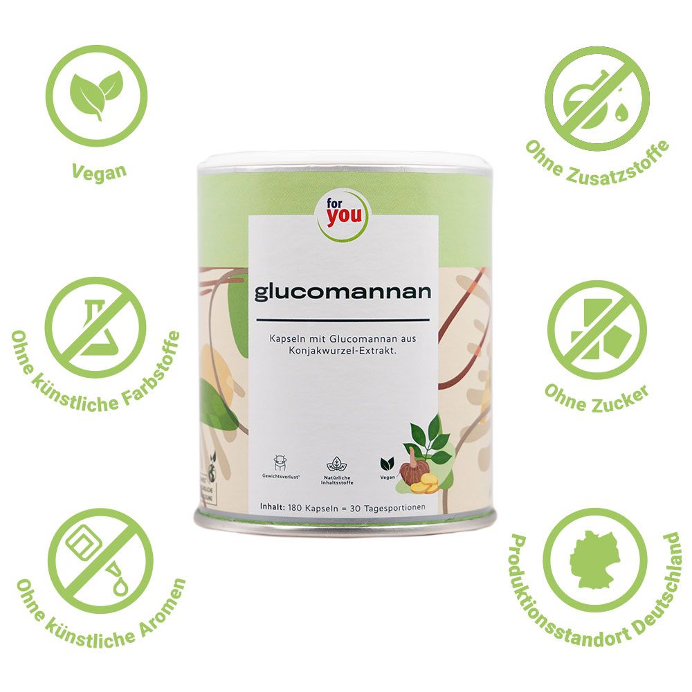 Dose "for you Glucomannan" mit grünen Siegeln: Vegan, ohne Zucker, ohne Zusatzstoffe, ohne künstliche Aromen, ohne künstliche Farbstoffe.