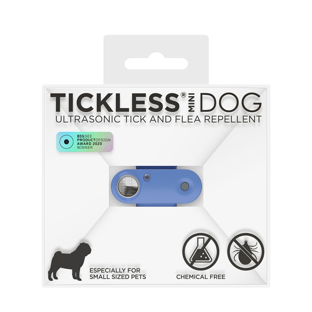 Blaues Tickless Mini Dog Gerät in Verpackung. Aufschrift: Ultrasonic Tick and Flea Repellent. Auszeichnung: Product Design Award 2020.