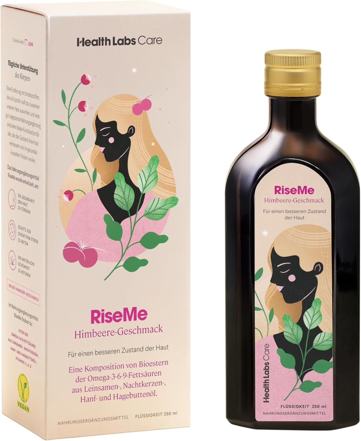 Health Labs Care RiseMe Flasche und Verpackung. Aufschrift: Himbeer-Geschmack, für einen besseren Zustand der Haut. Vegan.