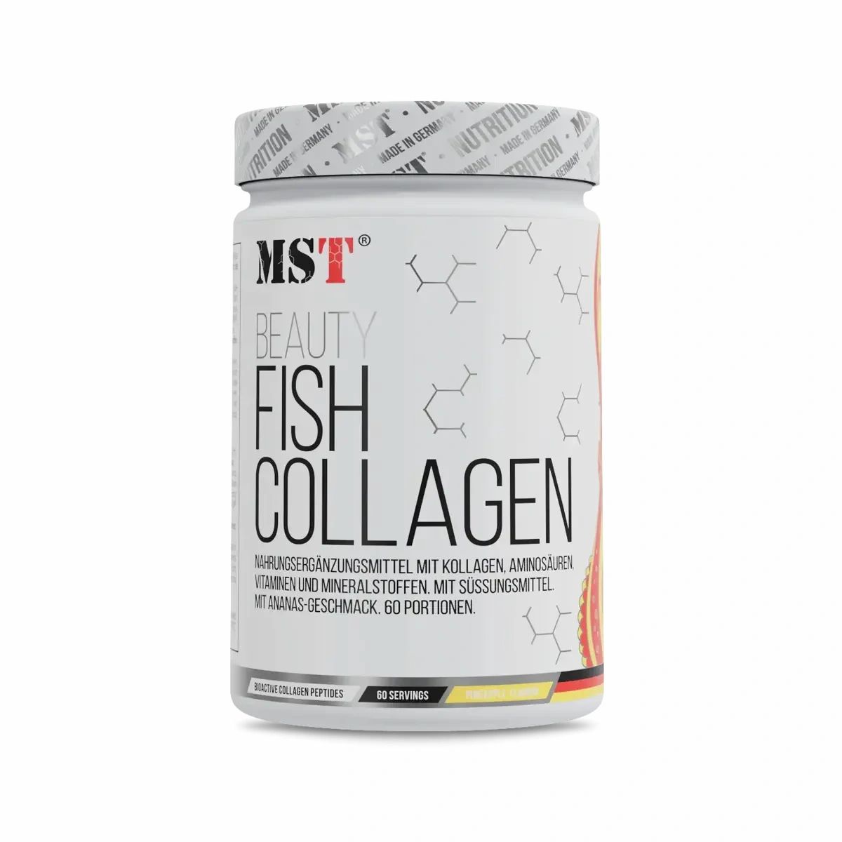 Weißer Behälter mit roter und schwarzer Schrift. Enthält 'MST Beauty Fish Collagen'. Enthält 60 Portionen.