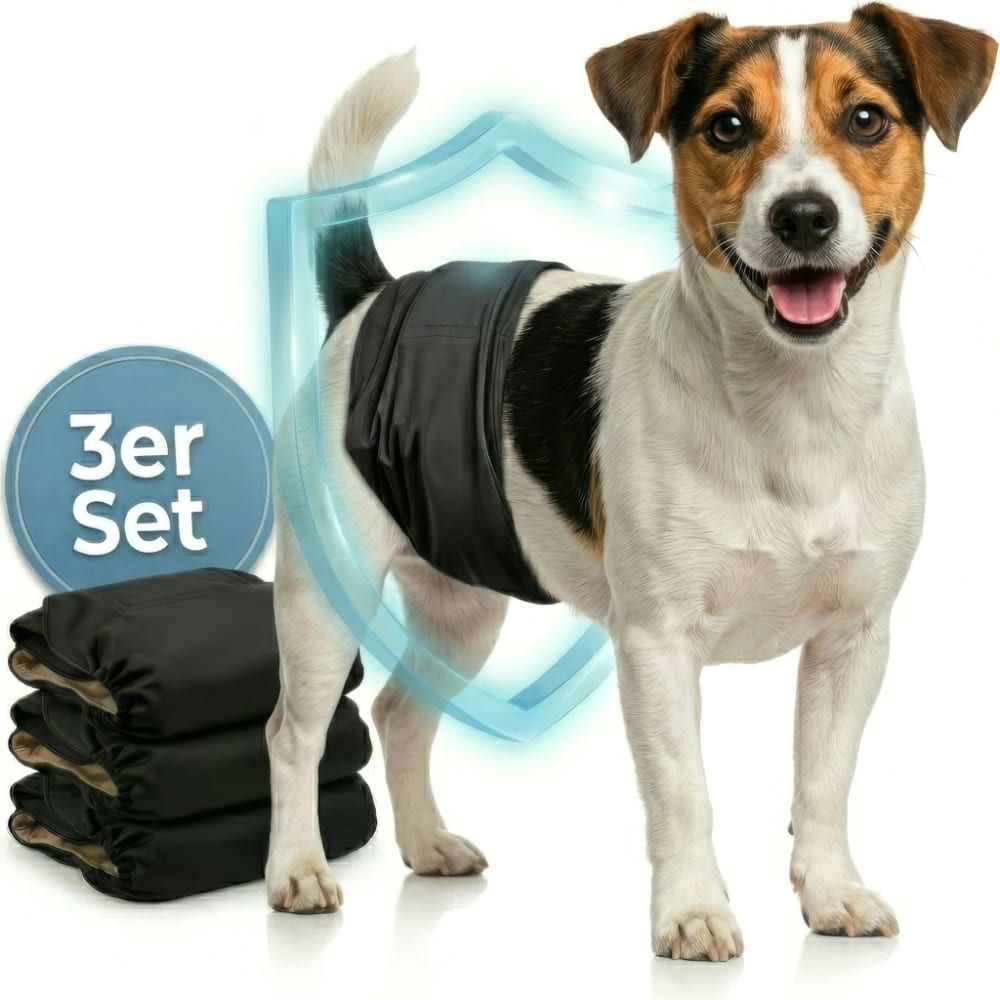 Hund trägt schwarze Windel. 3er Set-Logo. Stapel Windeln. Schutzschild-Grafik.