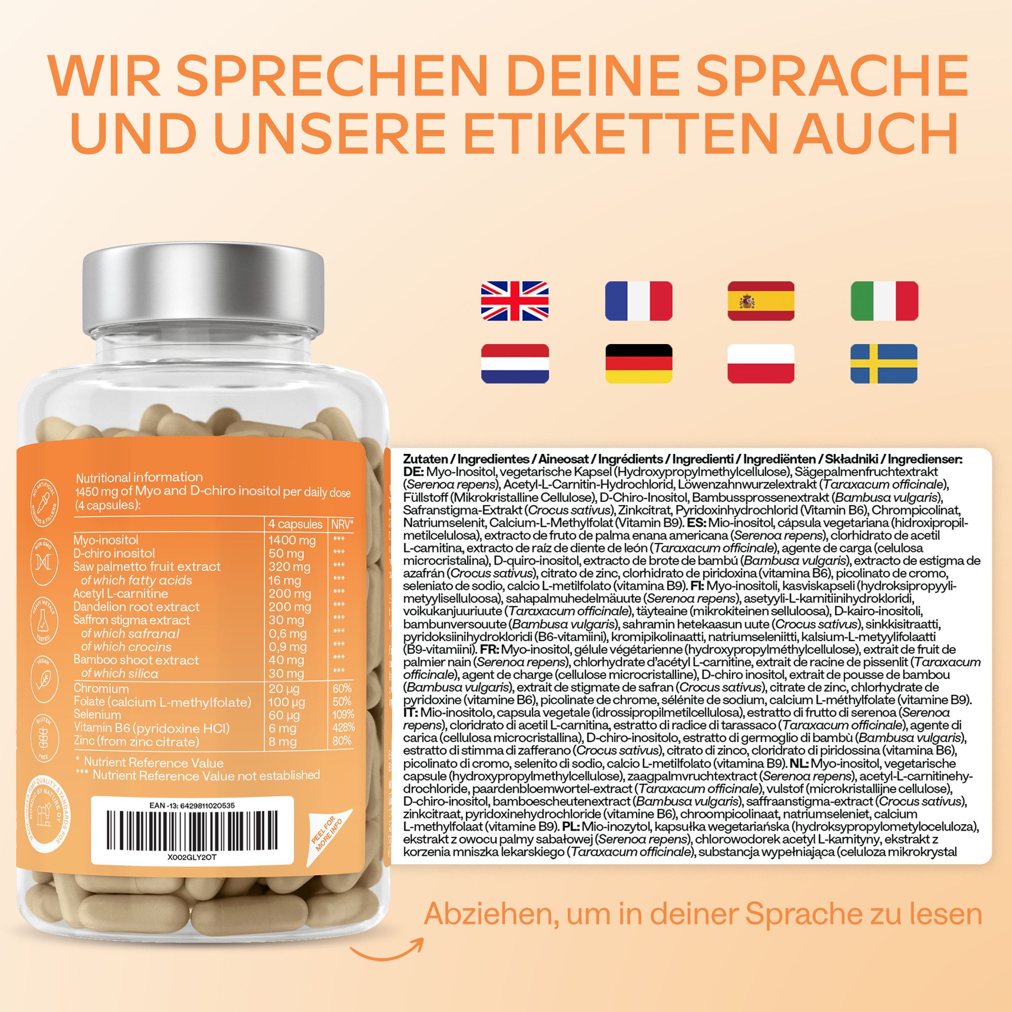 Flasche mit Kapseln und Text in verschiedenen Sprachen. Enthält Nährwertangaben.