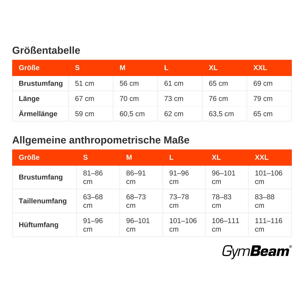 Größentabelle mit Brustumfang, Länge und Ärmellänge für Größen S bis XXL. Enthält allgemeine anthropometrische Maße.