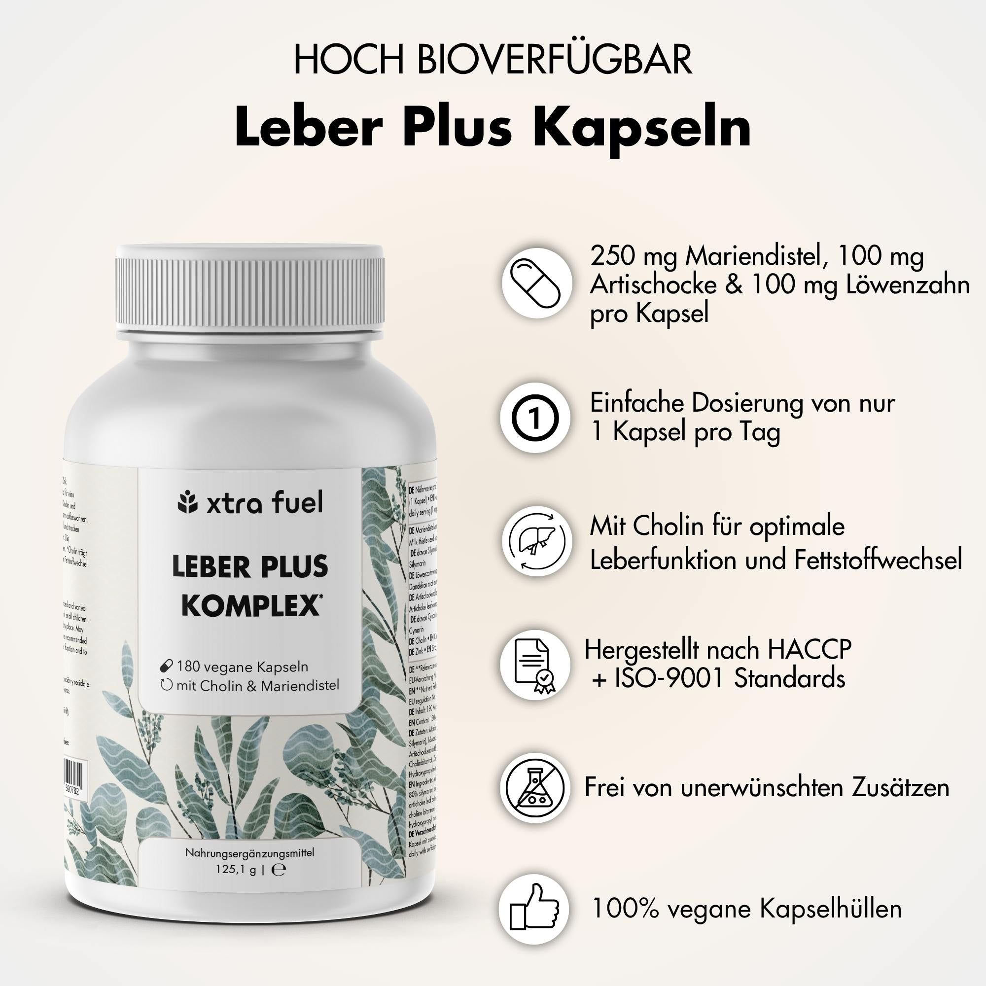Flasche mit LEBER PLUS KOMPLEX. Informationen: 1 Kapsel täglich, Cholin, vegan, ohne Zusätze, HACCP & ISO.