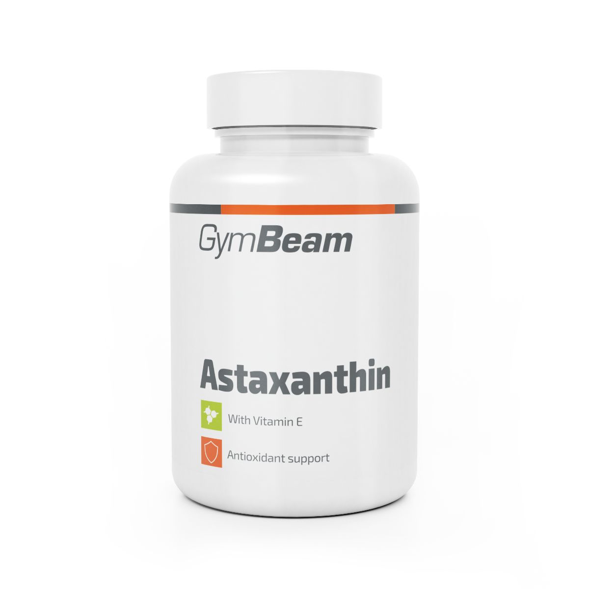 Weiße Dose mit GymBeam Logo, Astaxanthin und Vitamin E.