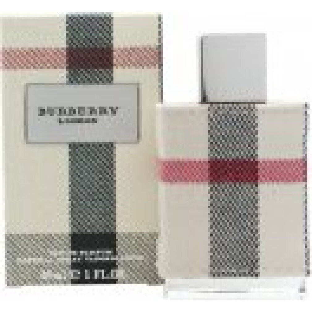 Burberry London Eau de Parfum Spray. Flakon und Verpackung mit Karomuster. Silberner Verschluss. Text: Burberry London.