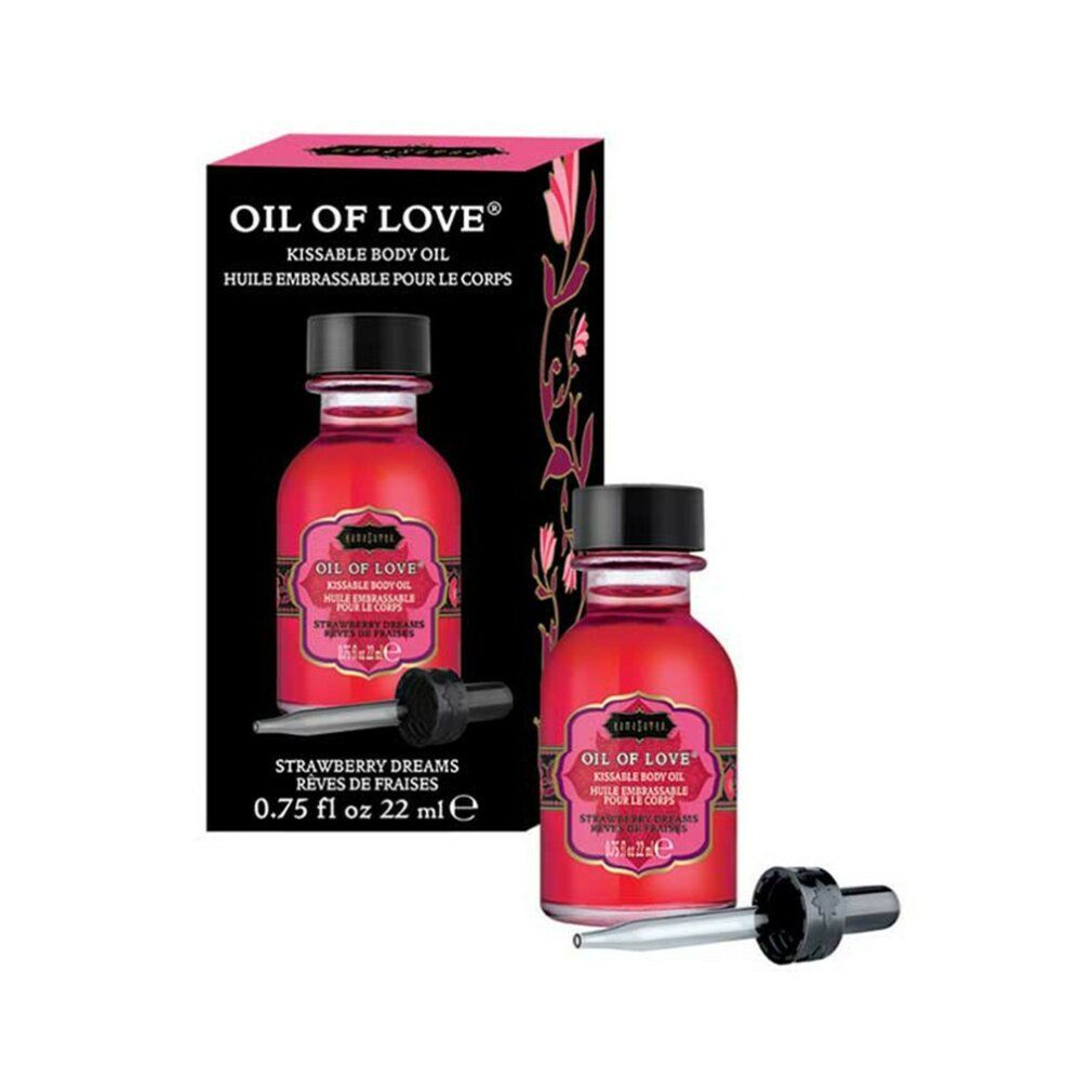 Rotes Öl in Glasflasche mit schwarzem Verschluss und Pipette. Aufschrift: OIL OF LOVE. Verpackung mit floralem Muster.