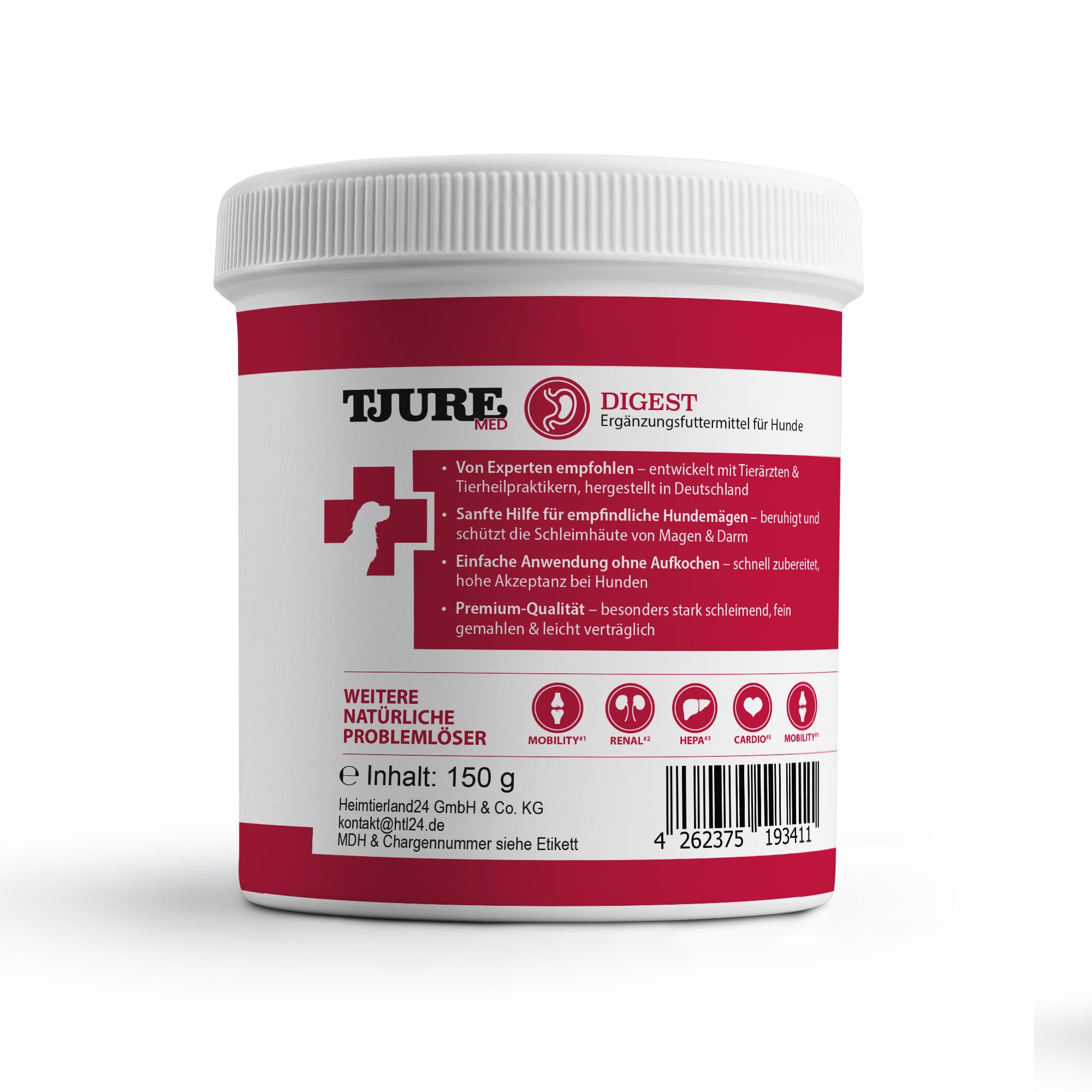 Weißes TJURE MED DIGEST #6 Produkt. Roter Deckel und Schriftzug. Text: Ergänzungsfuttermittel für Hunde. 150 g.