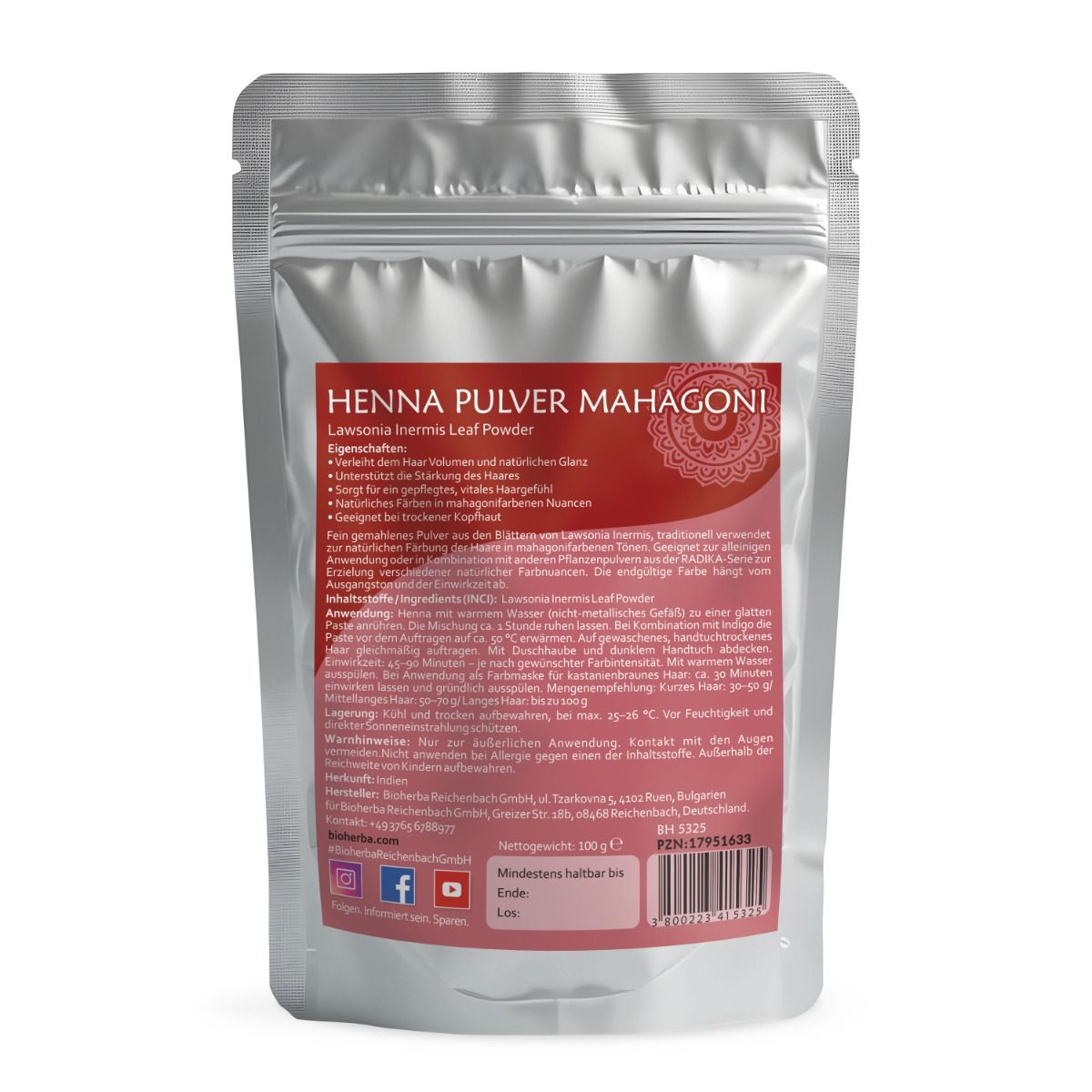 Rückseite der Henna Pulver Mahagoni Verpackung. Textinformationen in deutscher Sprache. Enthält Inhaltsstoffe, Anwendungshinweise und Herstellerinformationen.