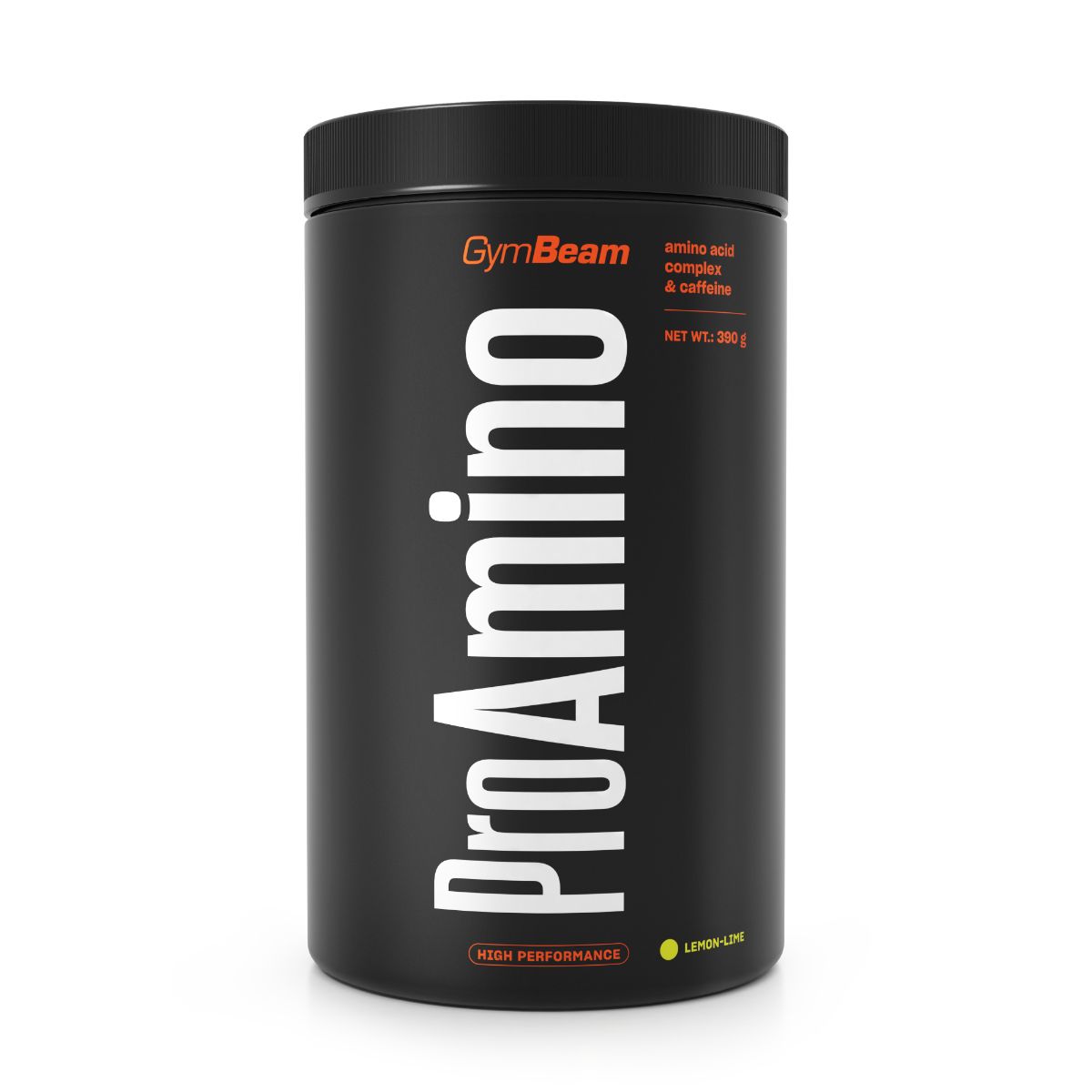 Schwarzer Behälter mit GymBeam ProAMINO Schriftzug, Aminosäuren-Komplex Pulver, Lemon-Lime Geschmack.