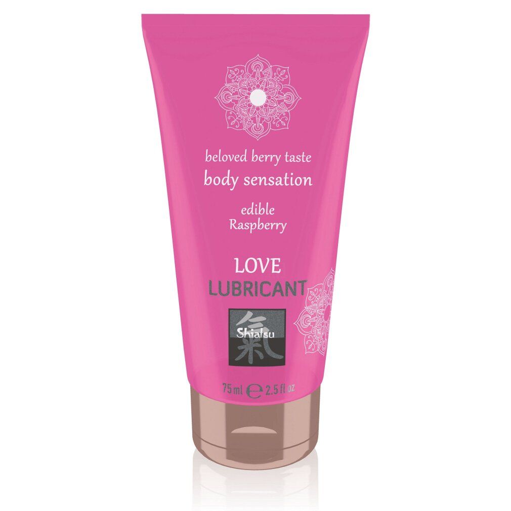 Rosa Tube mit Produkttexten. Aufschrift: beloved berry taste, body sensation, edible Raspberry, LOVE LUBRICANT, Shiatsu. 75ml/2.5 fl oz.