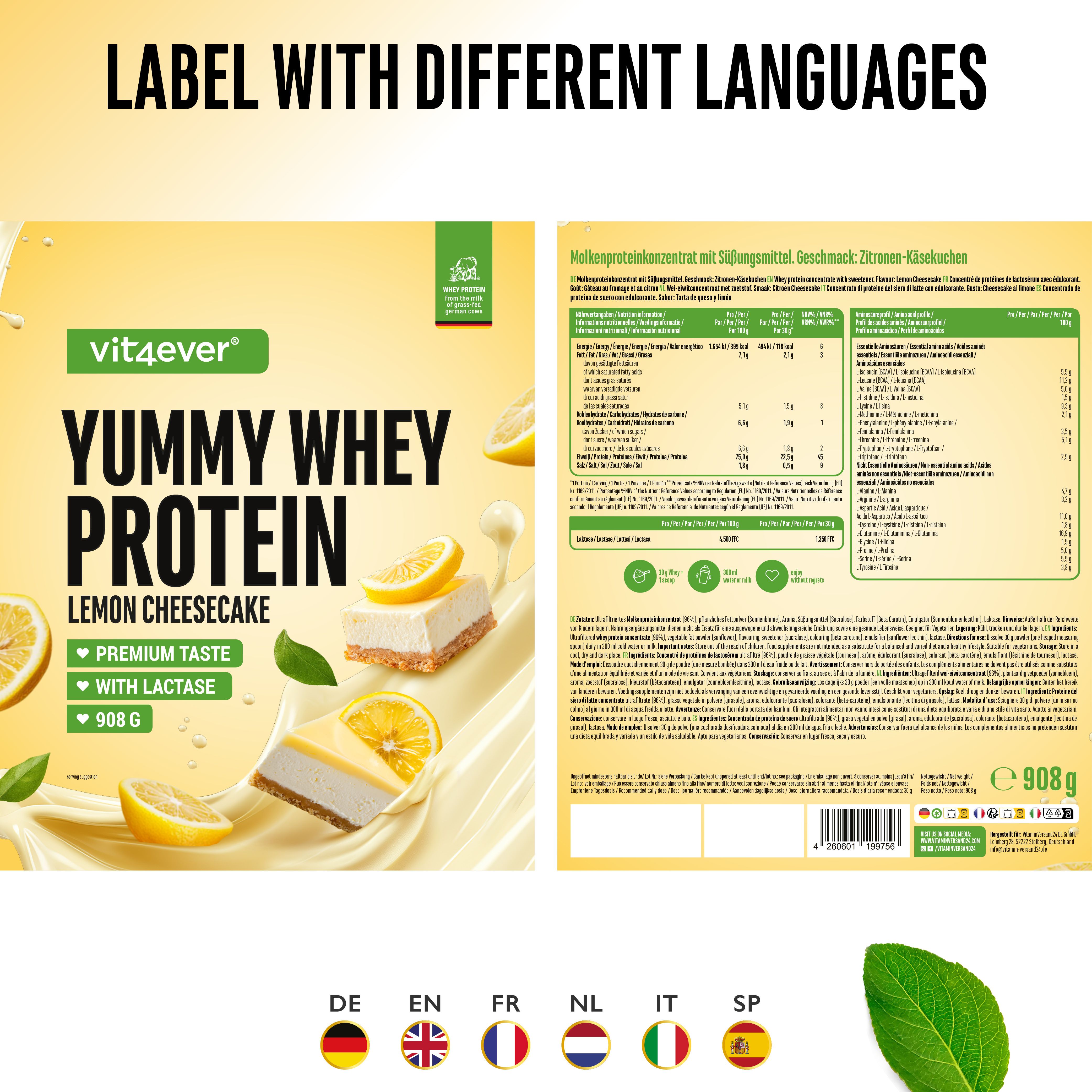 Verpackung "vit4ever Yummy Whey Protein" mit verschiedenen Sprachversionen: Deutsch, Englisch, Französisch, Niederländisch, Italienisch, Spanisch.