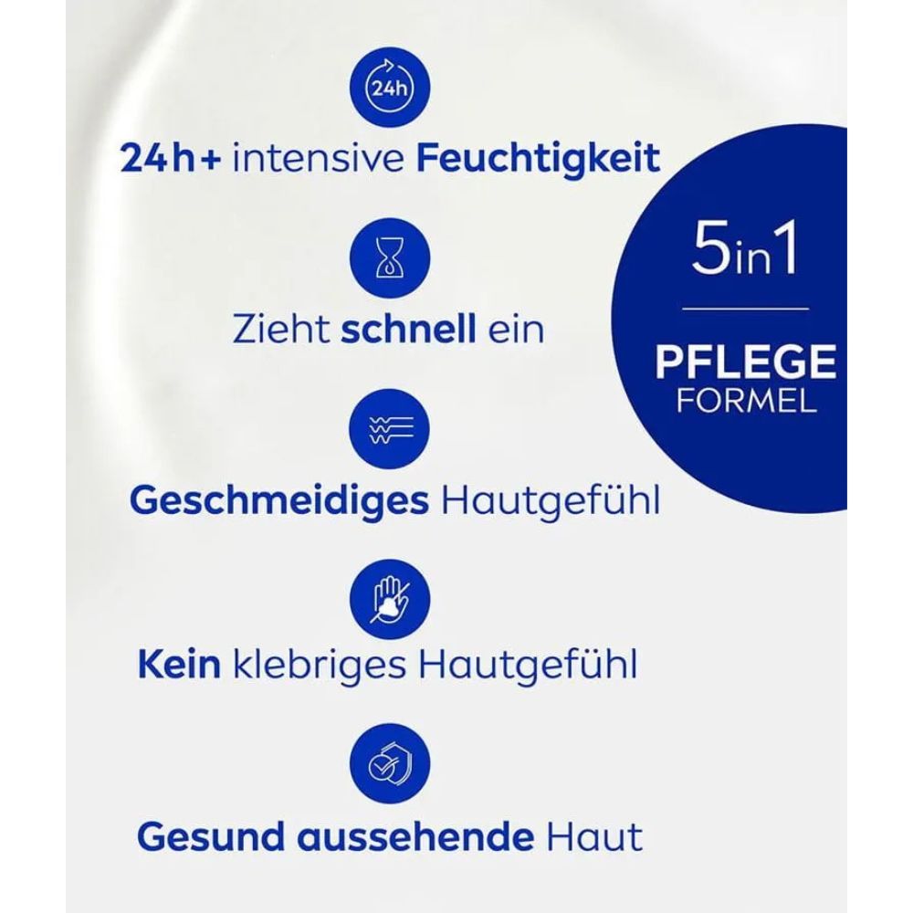 Text auf weißem Hintergrund. 5in1 Pflege Formel. 24h+ intensive Feuchtigkeit, zieht schnell ein, geschmeidiges Hautgefühl, kein klebriges Hautgefühl, gesund aussehende Haut.