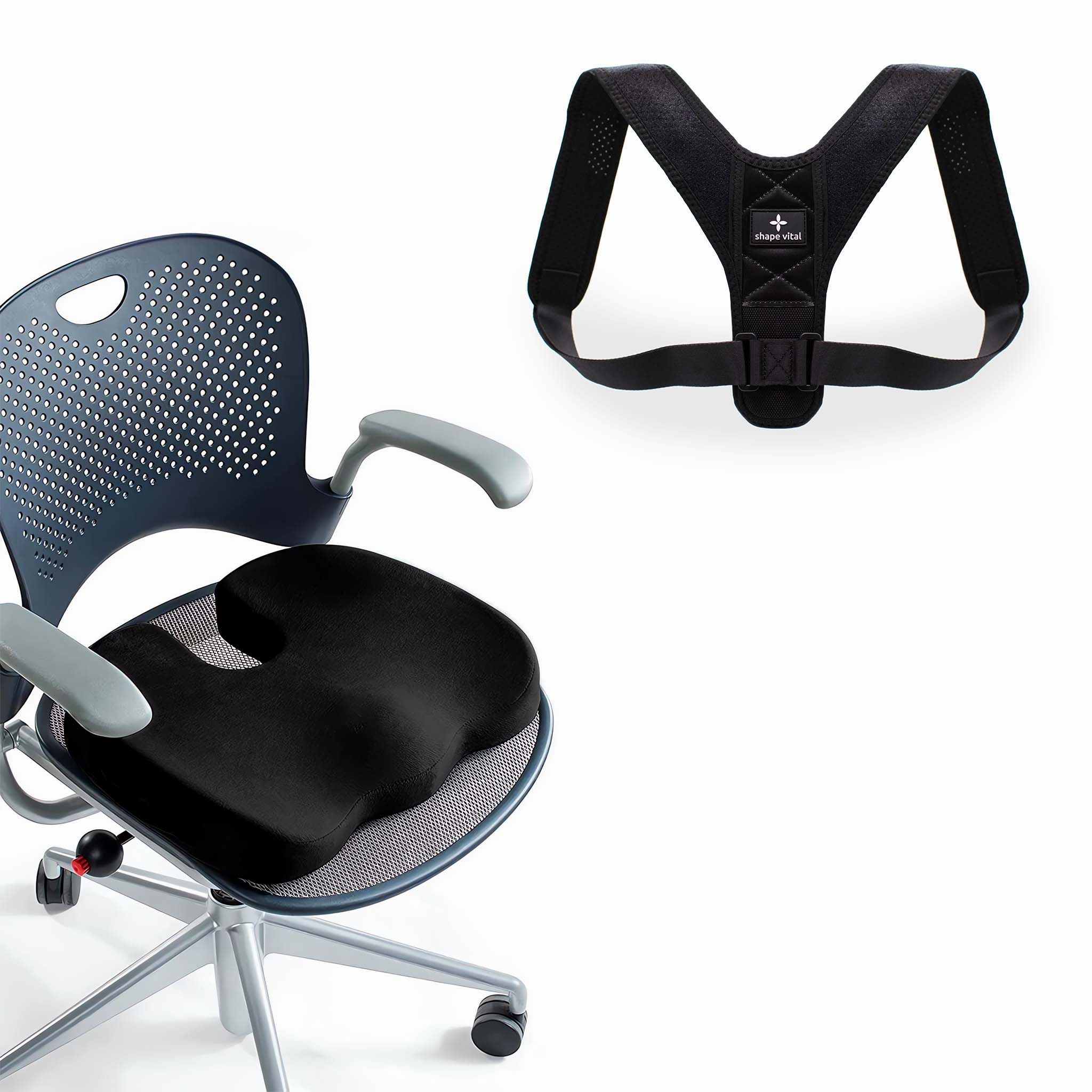 Ergonomisches Sitzkissen und Haltungskorrektur-Gurt auf einem Bürostuhl.