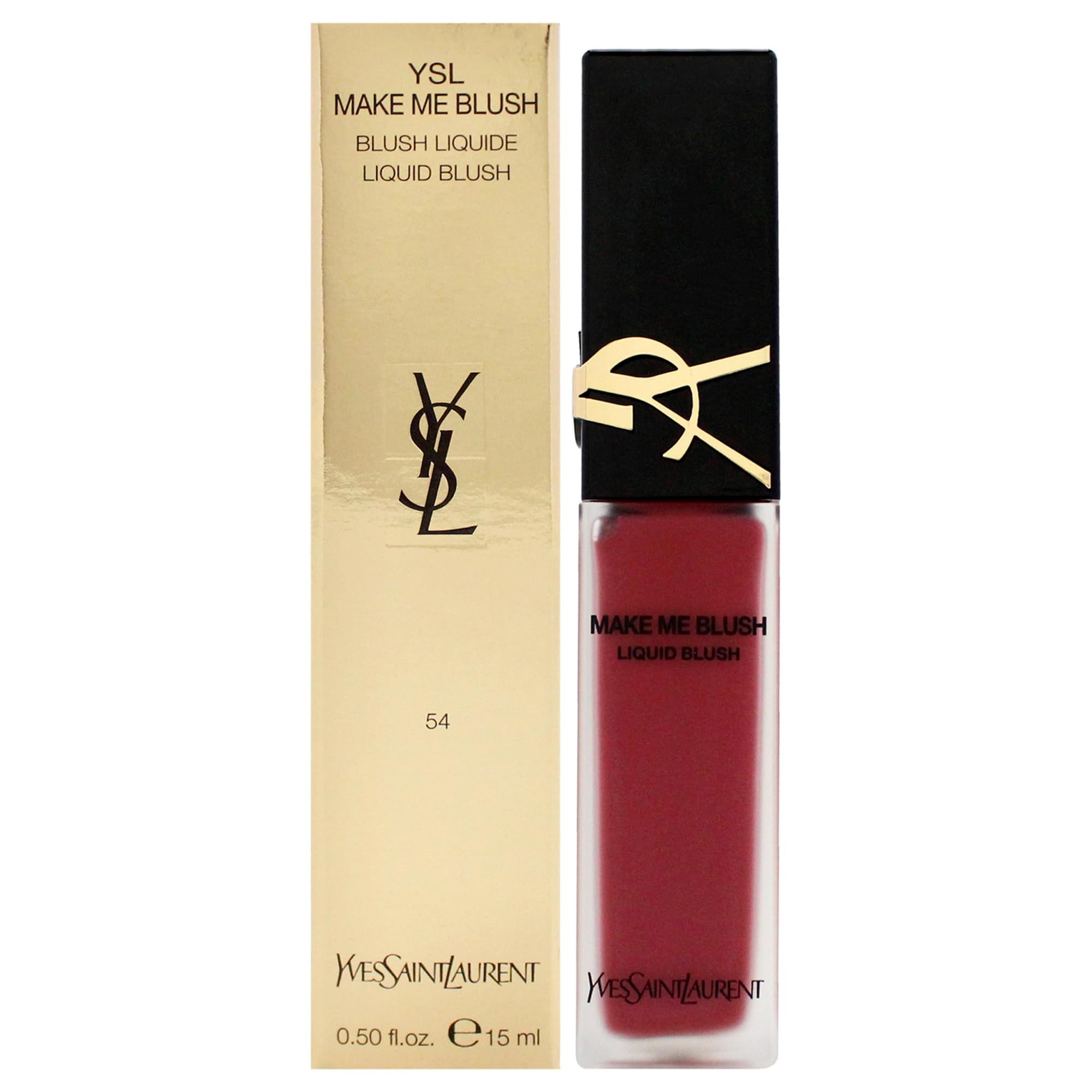 Flüssiges Rouge mit Verpackung. Rechteckige Glasflasche mit schwarzem Deckel und goldfarbenem Logo. Goldfarbene Verpackung.