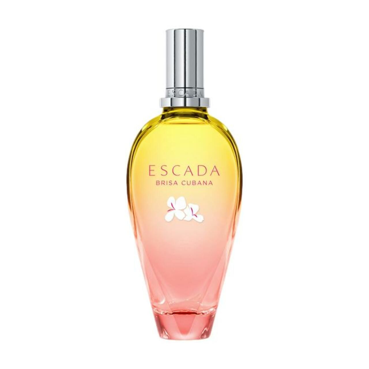 Parfümflasche mit Farbverlauf. Aufschrift: Escada Brisa Cubana. Blüten-Dekor.