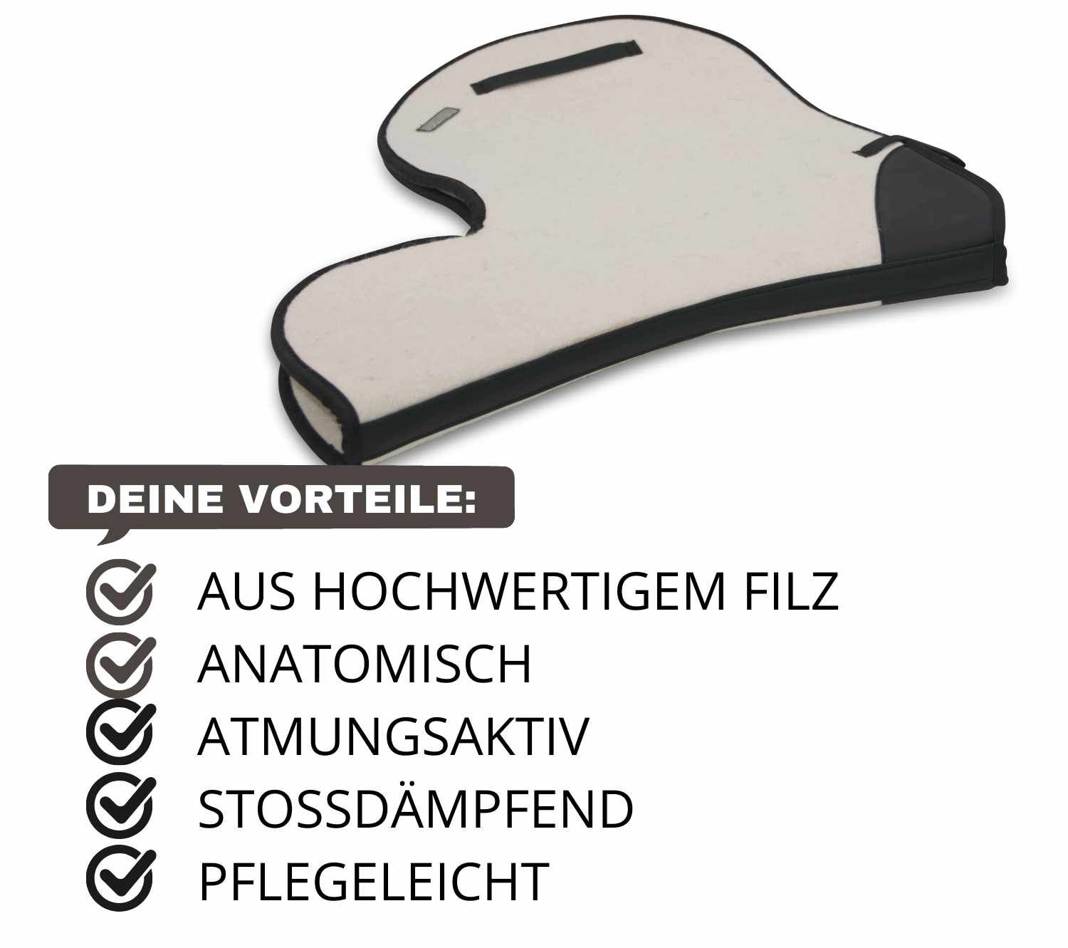 Filzsatteldecke mit Text: Aus hochwertigem Filz, anatomisch, atmungsaktiv, stoßdämpfend, pflegeleicht.