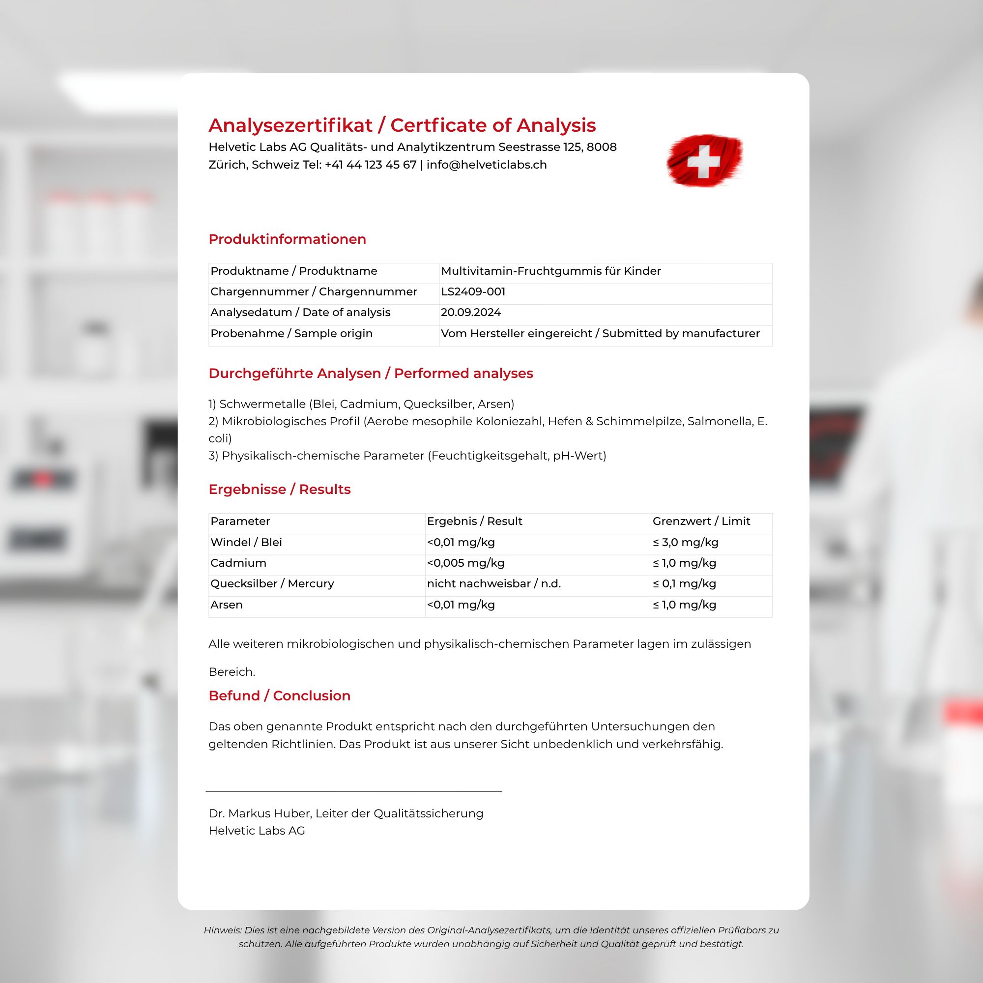 Zertifikat mit Analyseergebnissen. Text: Multivitamin-Fruchtgummis für Kinder. Logo: Schweizer Kreuz.