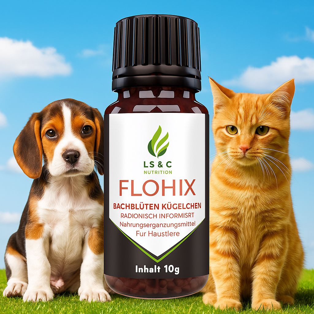 Braune Glasflasche mit schwarzem Deckel. Etikett mit Logo und Produktname. Hund und Katze sitzen neben der Flasche.