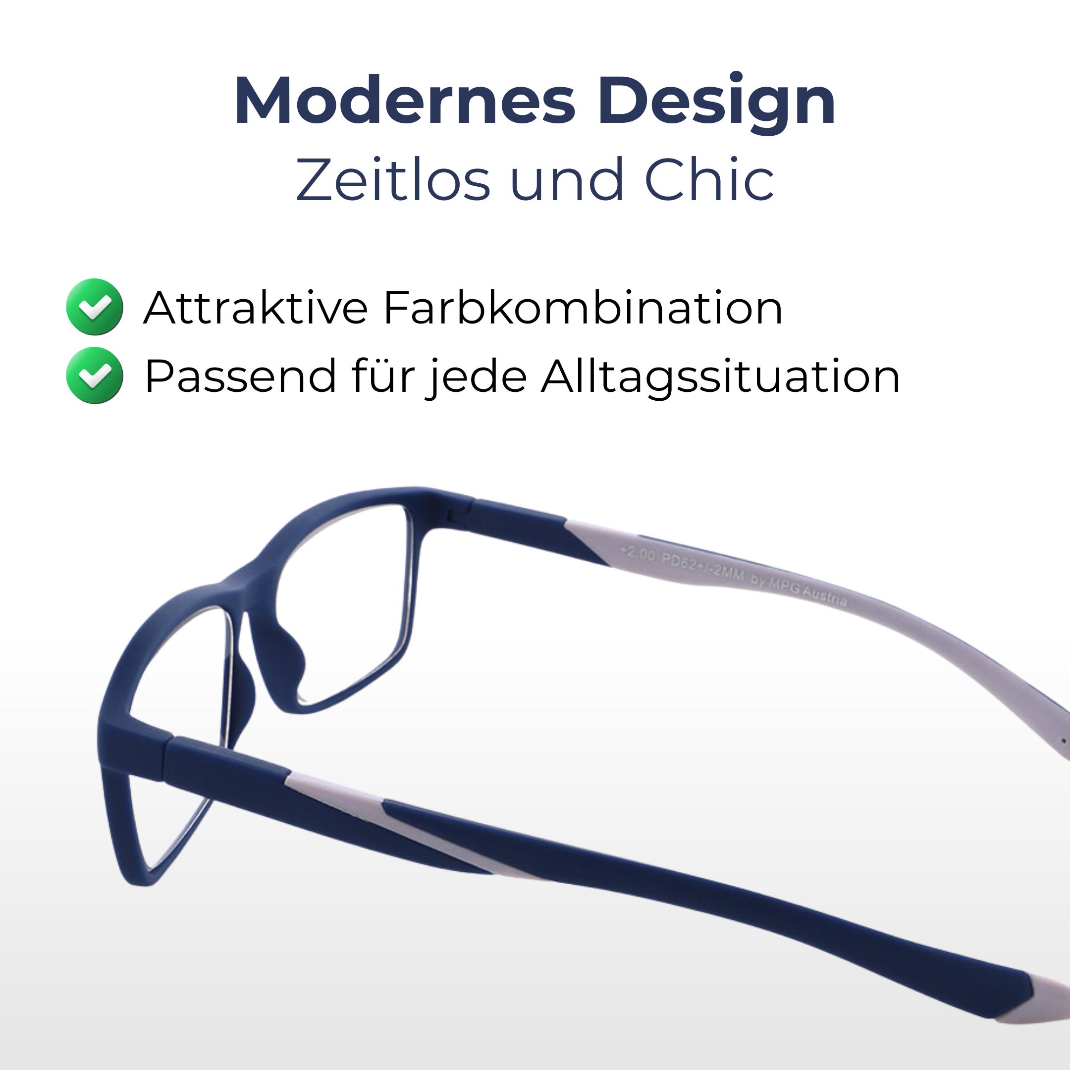 Brille mit blauem Rahmen und grauen Bügeln. Text: Modernes Design. Zeitlos und Chic. Attraktive Farbkombination, passend für jede Alltagssituation.