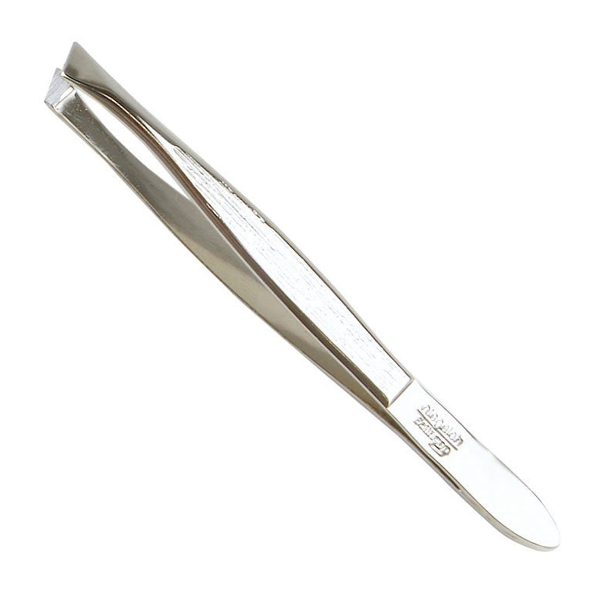 Schräge, vernickelte Pinzette. Metallfarben, mit abgeschrägten Spitzen. Niegeloh-Logo auf dem Griff.