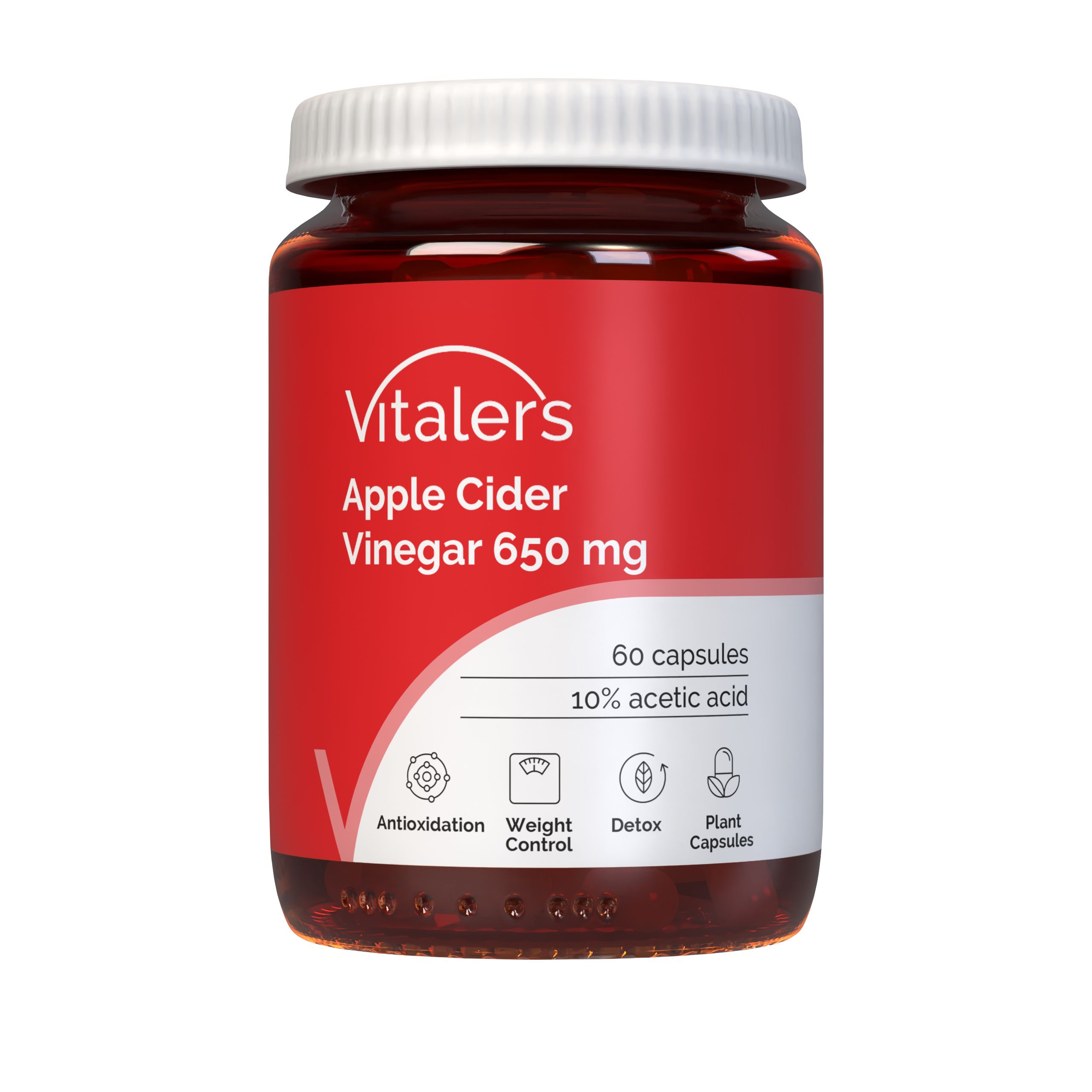 Vitaler's Apfelessig Kapseln 650 mg, 60 Stück. Rote Dose mit weißen Deckel.