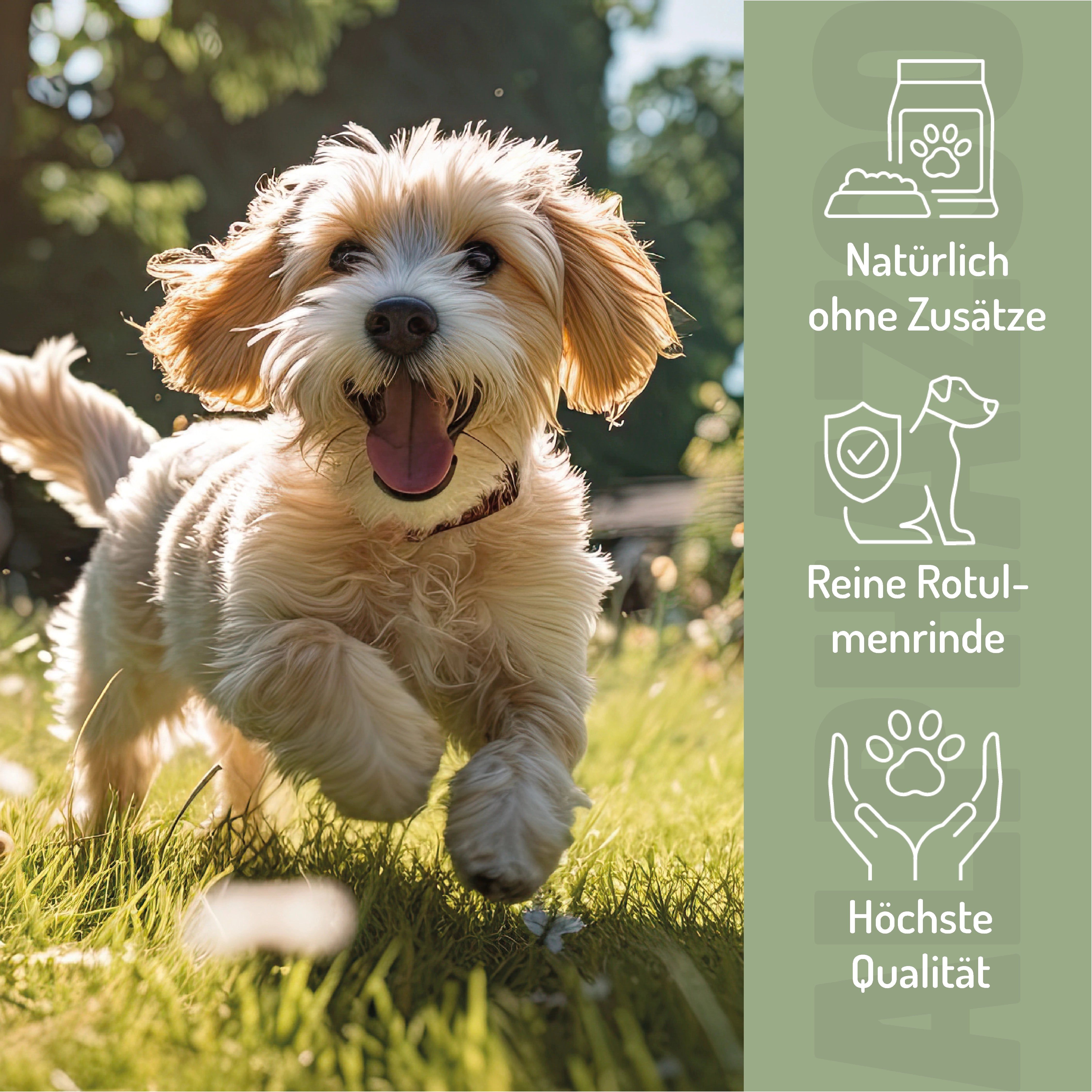 Hund rennt im Gras. Text: Natürlich ohne Zusätze, Reine Rotulmenrinde, Höchste Qualität.