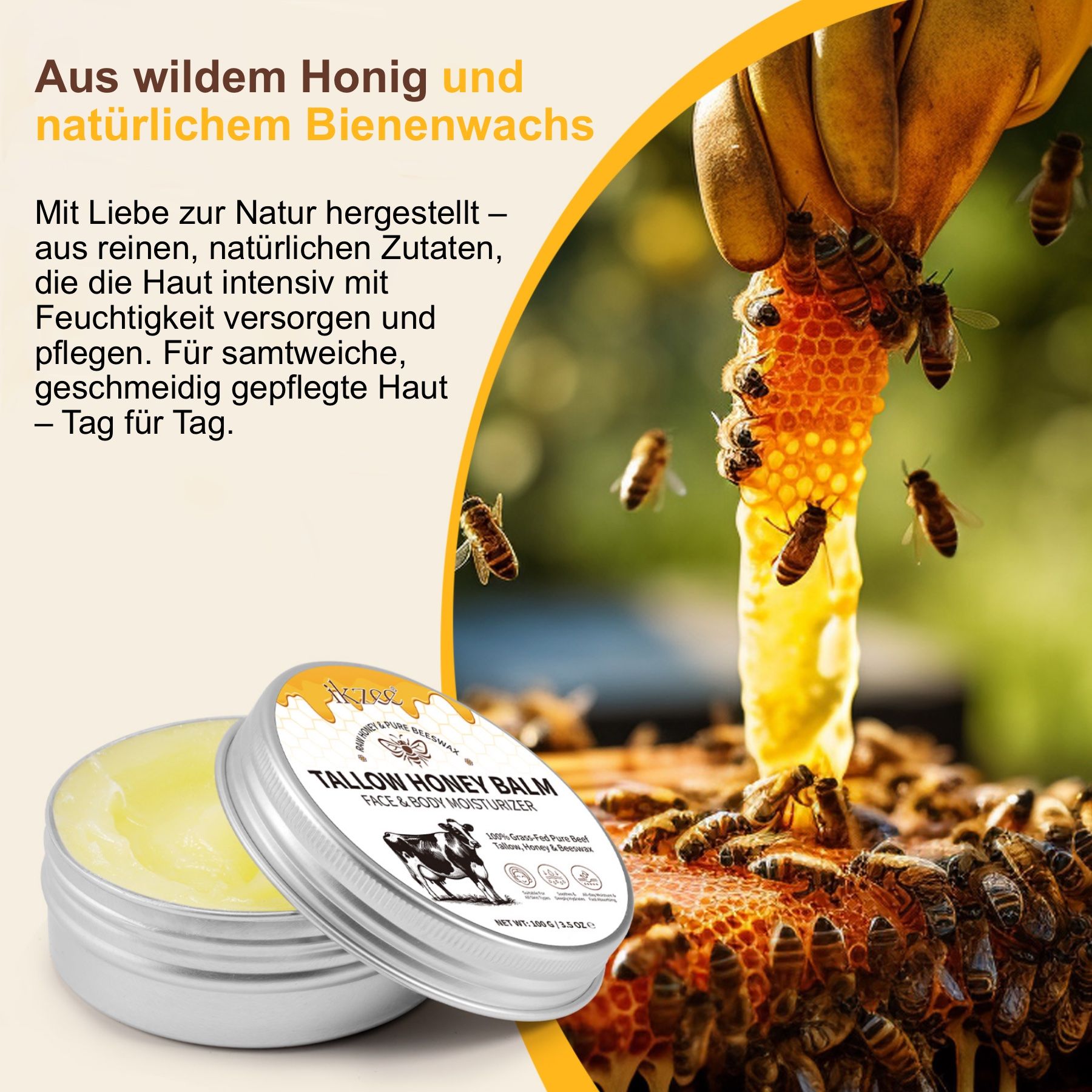 Dose 'Tallow Honey Balm' neben Bienenwabe mit Bienen. Text: Aus wildem Honig und natürlichem Bienenwachs.