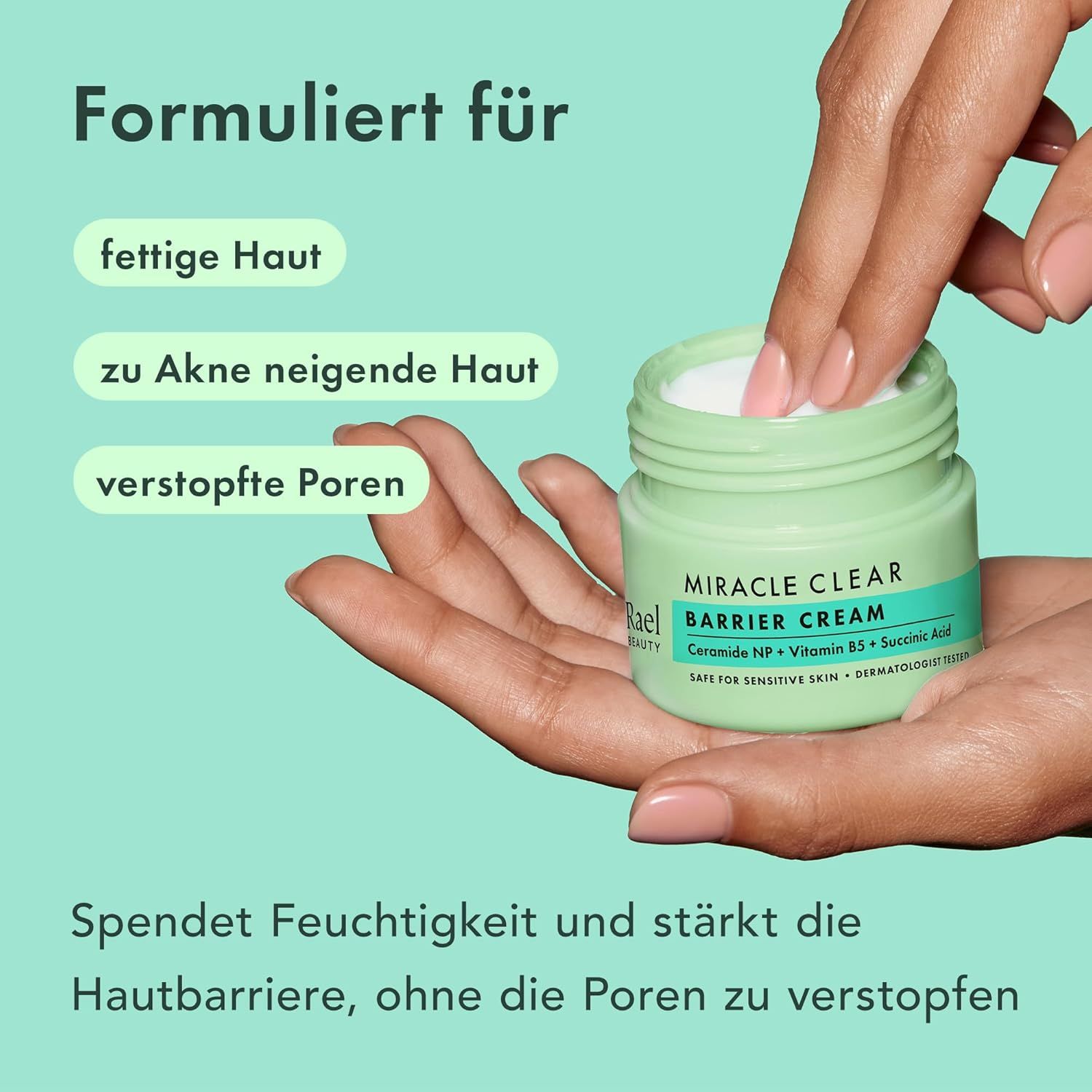Hand hält Creme-Dose. Text: Formuliert für fettige Haut, zu Akne neigende Haut, verstopfte Poren. Spendet Feuchtigkeit und stärkt die Hautbarriere.