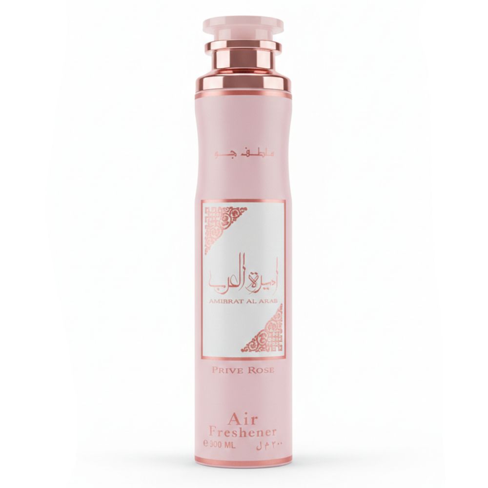 Rosa Luft erfrischer mit goldfarbenen Details. Aufschrift: Ameerat Al Arab Privé Rose.