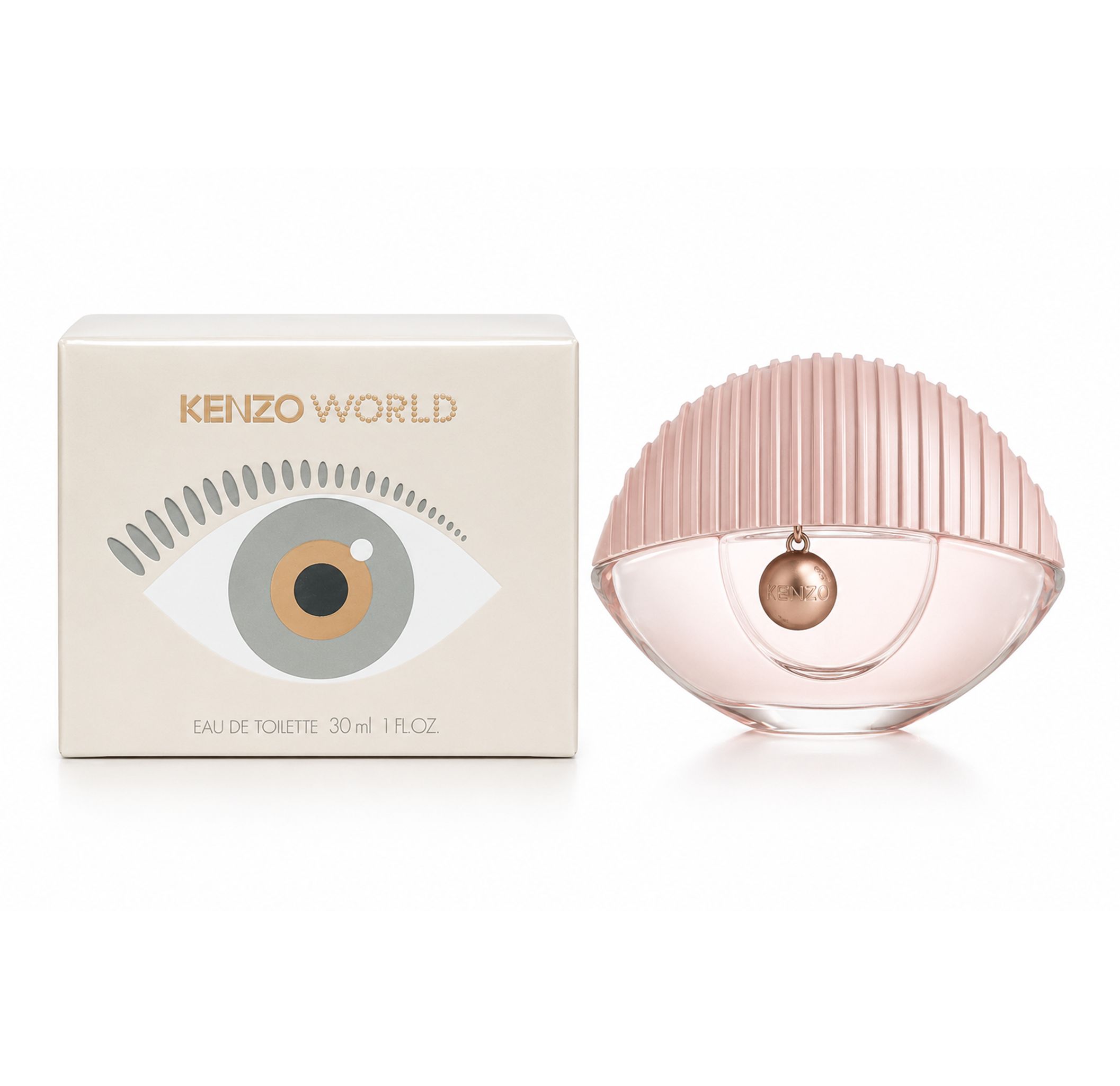 Kenzo World Eau de Toilette Spray. Flakon in Augenform, rosa. Verpackung mit Augenmotiv und Schriftzug.