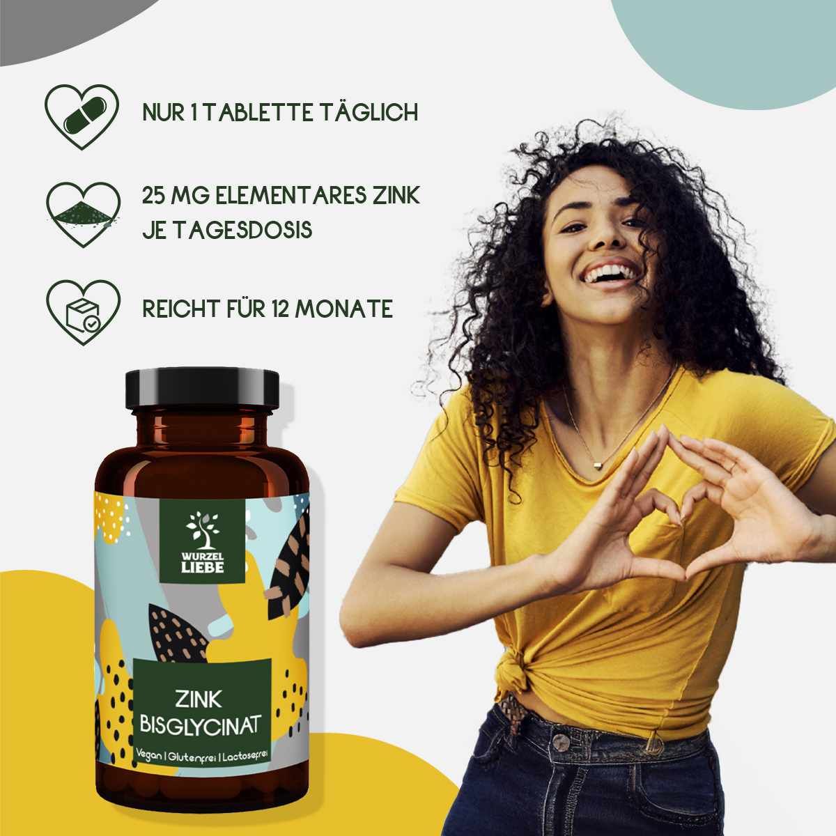 Braune Flasche mit Zink Bisglycinat. Aufschrift: Nur 1 Tablette täglich, 25 mg elementares Zink, reicht für 12 Monate. Frau formt Herz.