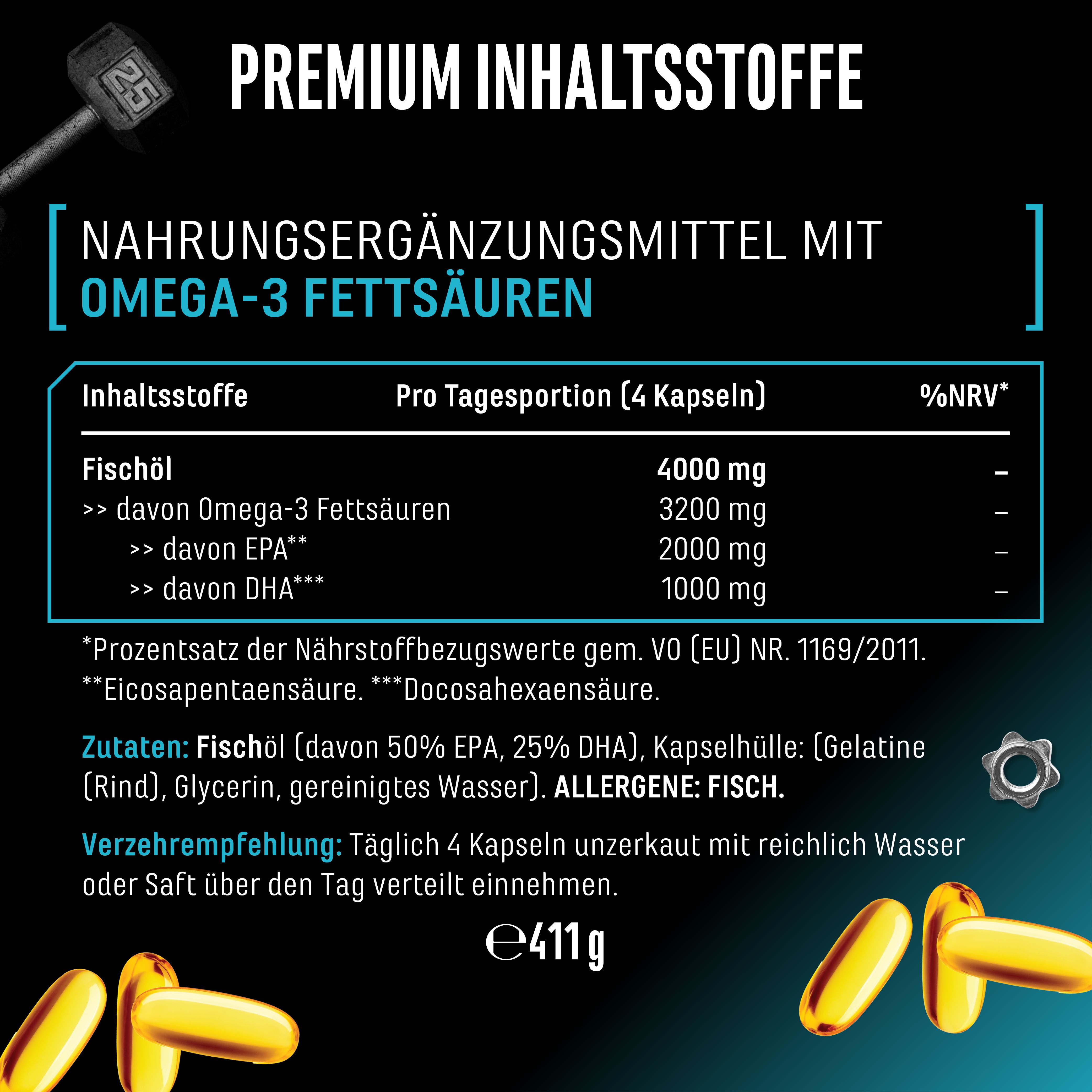 Nahrungsergänzungsmittel mit Omega-3-Fettsäuren. Enthält Fischöl, EPA, DHA. Empfohlene Tagesdosis: 4 Kapseln. Allergene: Fisch.