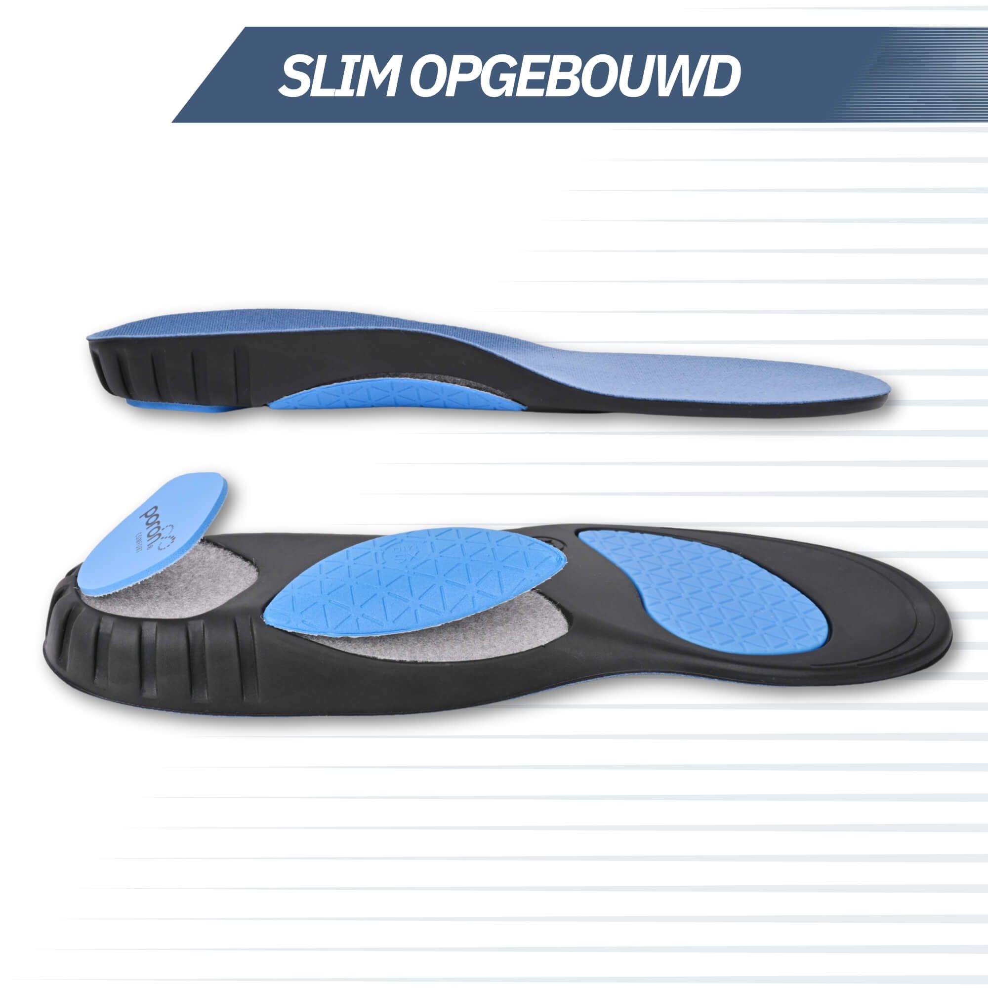Ein Paar orthopädische Einlegesohlen, eine oben, eine unten, mit blauen und grauen Polstern.