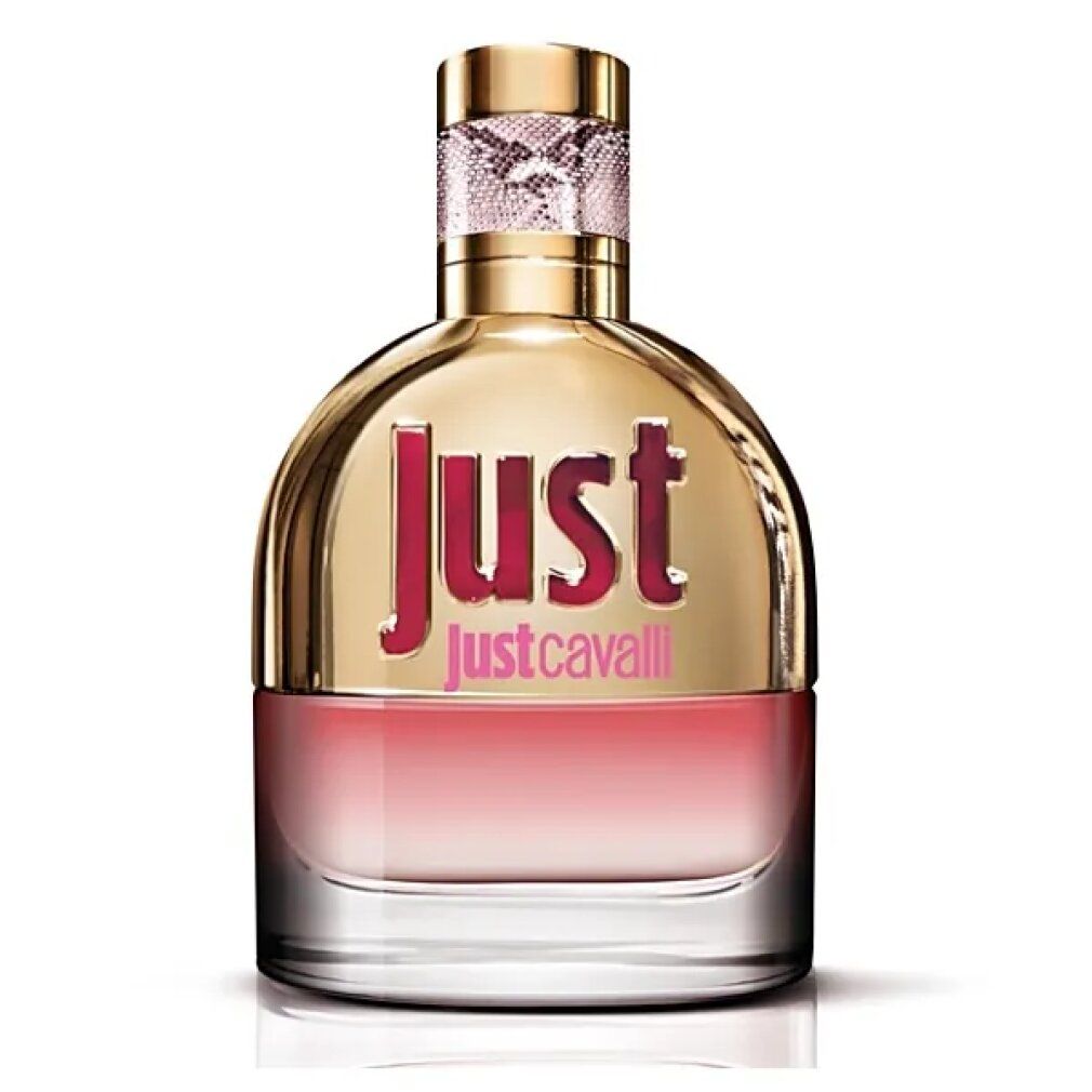 Parfümflakon mit goldfarbenem Deckel und rosa Schriftzug "JUST justcavalli". Flakon mit rosa Farbverlauf.
